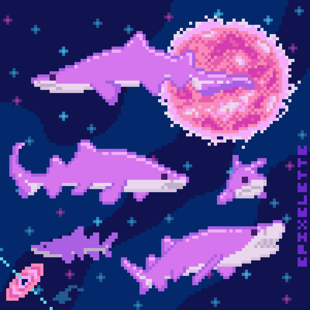 Pixel Art: 5 sand tiger sharks swimming in space with a sun in the background