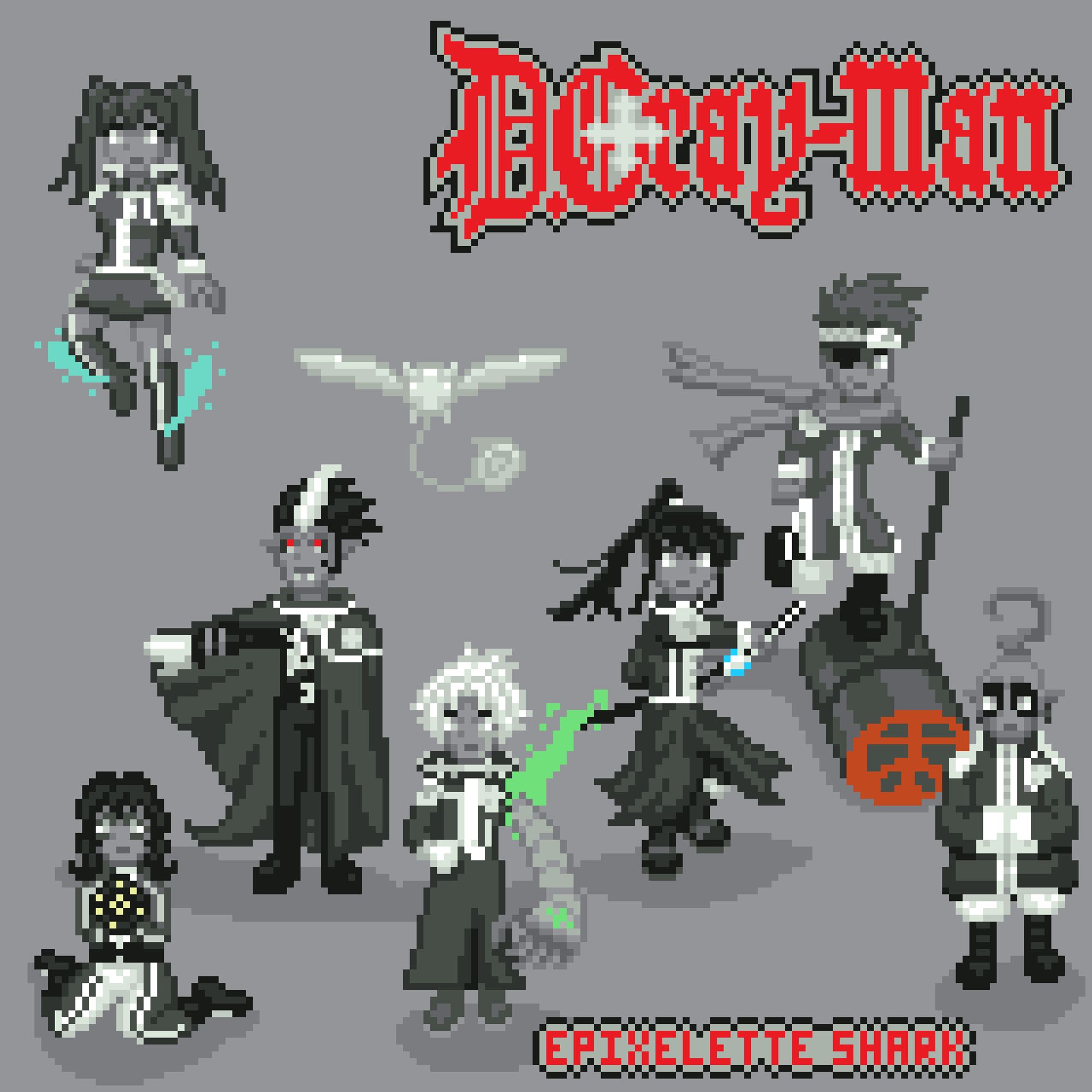 Pixel Art: Sprites of D. Gray-Man Exorcists in black and white with splashes of color on each character