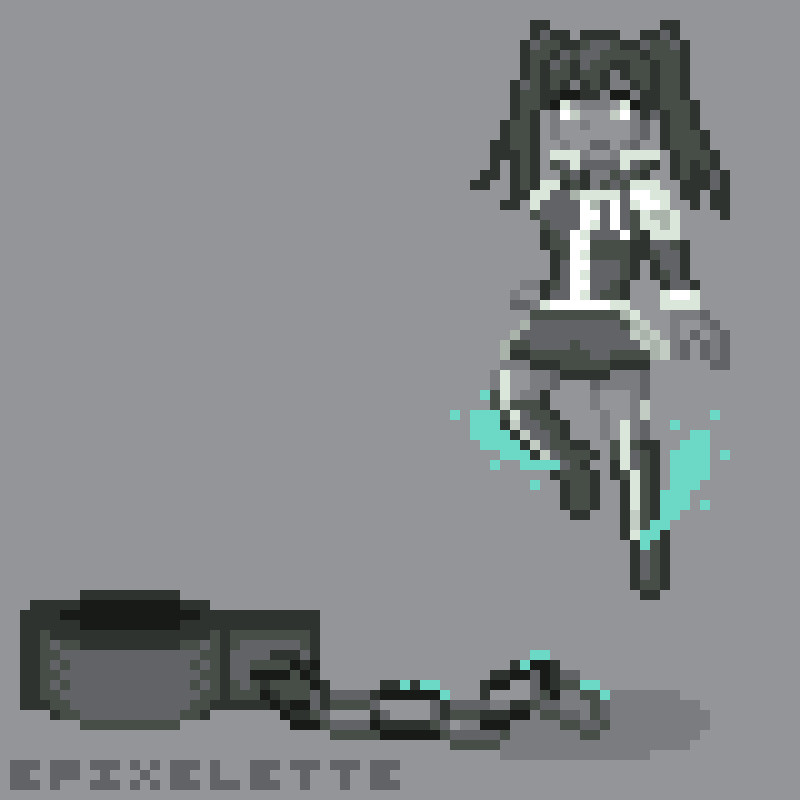 Pixel Art: Lenalee from D. Gray-Man hovering in the air over a shackle