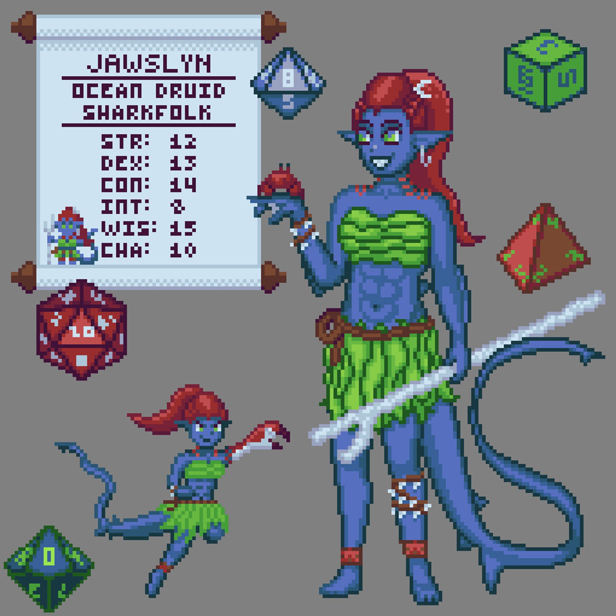 Sharkfolk ocean druid sprites - small, medium, & large