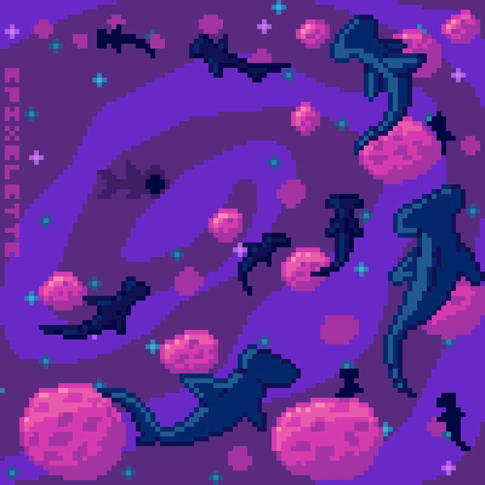 Pixel Art: A group of hammerheads swimming in an astroid belt