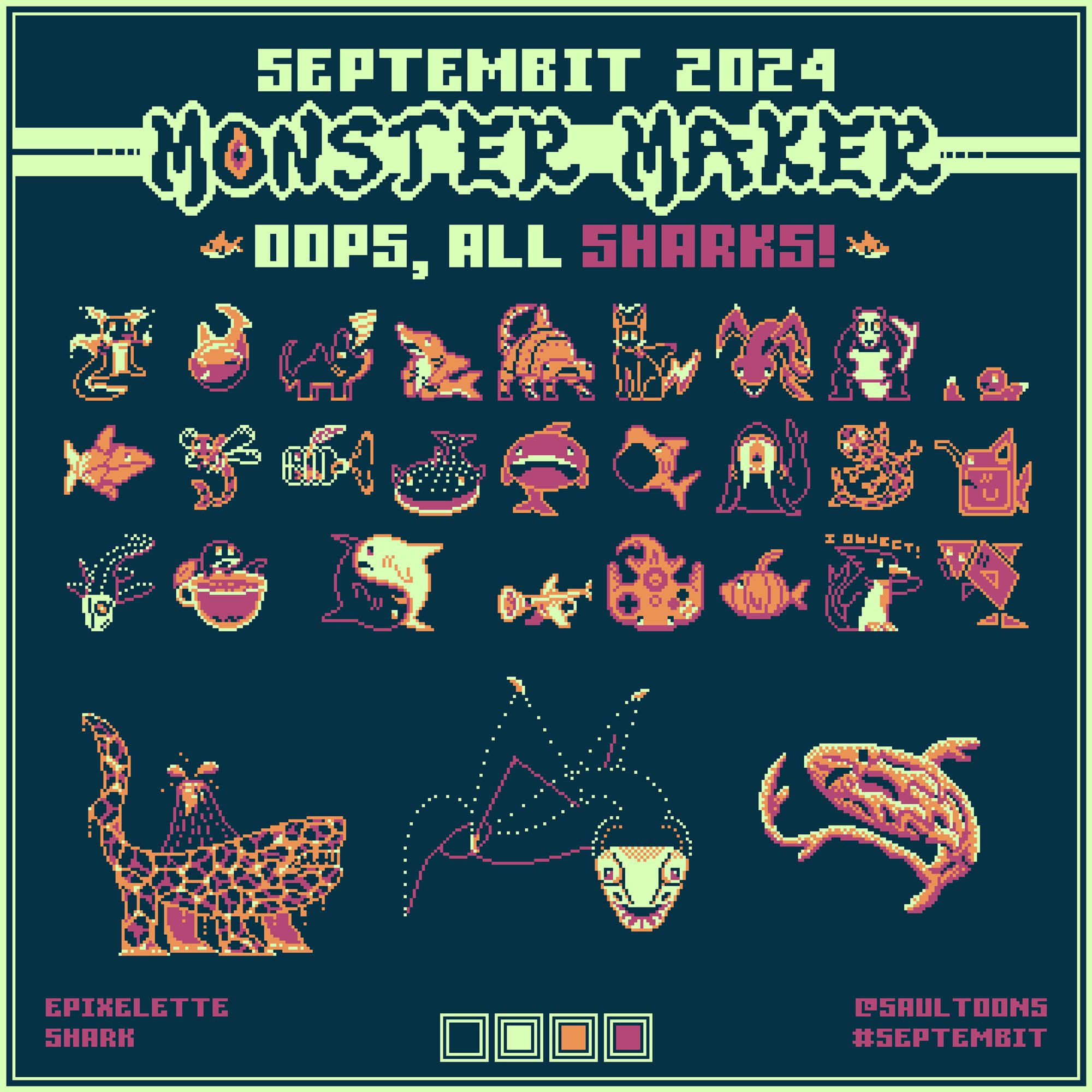 Pixel Art: Full Septembit Calendar, 28: quadruped tiger shark made of lava, 29: transparent flying frilled shark with skull for head, 30 thresher shark made of coral