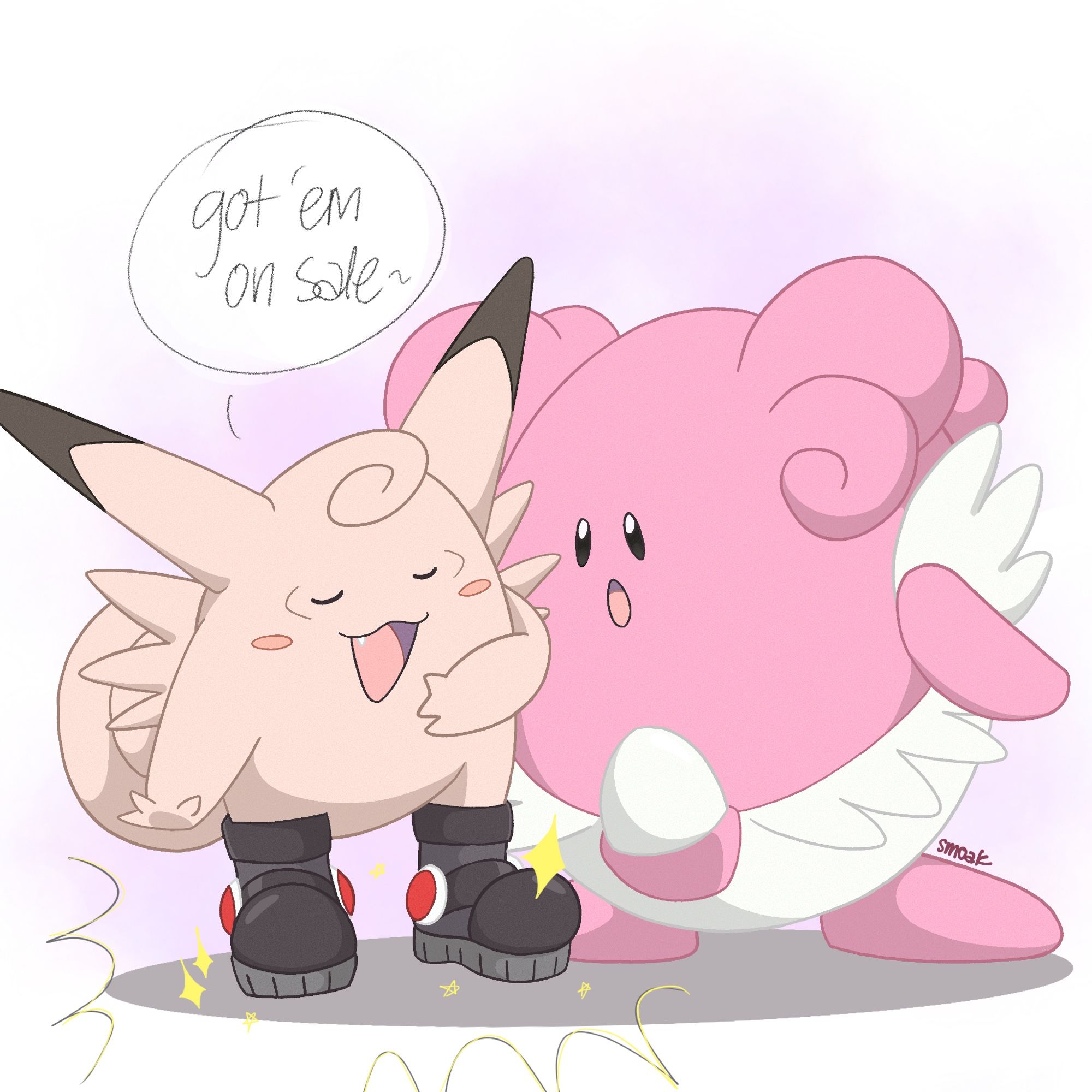 The Pokémon Clefable, wearing the in-game item Heavy Duty Boots, bragging about getting them on sale. The Pokémon Blissey curiously looks down at the boots