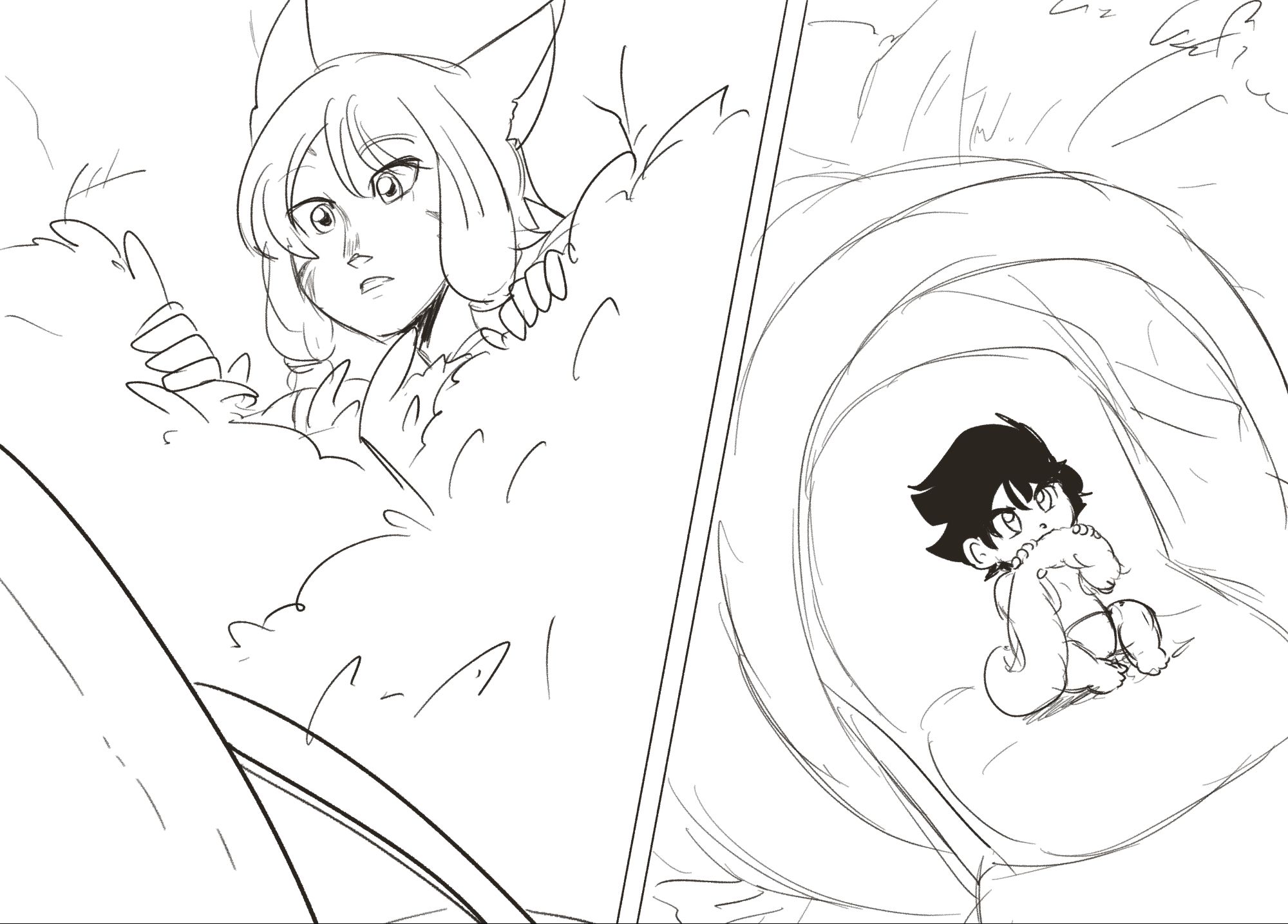 a sketchy 2-panel comic introducing two characters: a Miqo'te female from Final Fantasy XIV peeking through the bushes to find a little baby with a tail nibbling its own tail inside a round space pod. The baby is a Saiyan original character from Dragon Ball and has black hair.