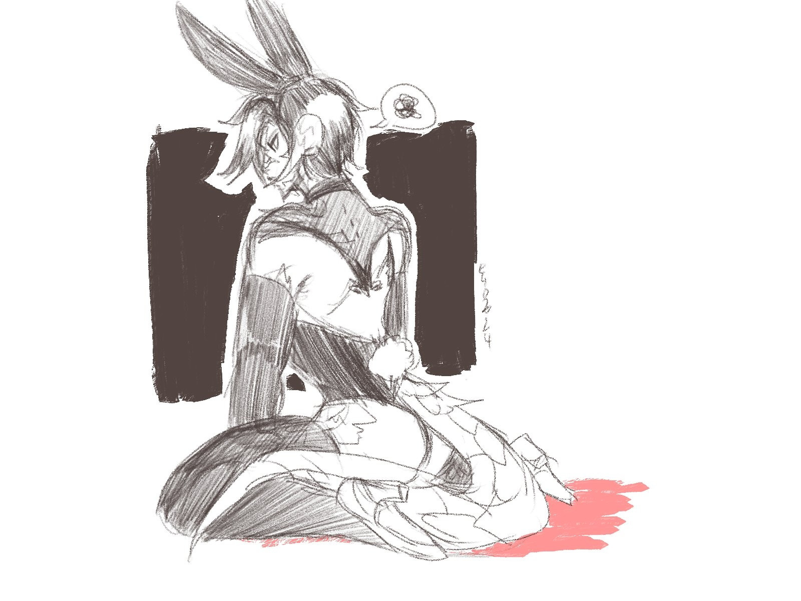 Sketch of an Au Ra from Final Fantasy XIV. He's sitting in a sultry pose, but his face has an annoyed expression. He's wearing a playboy bunny suit and has a tattoo of a hawk that extends to his shoulders.