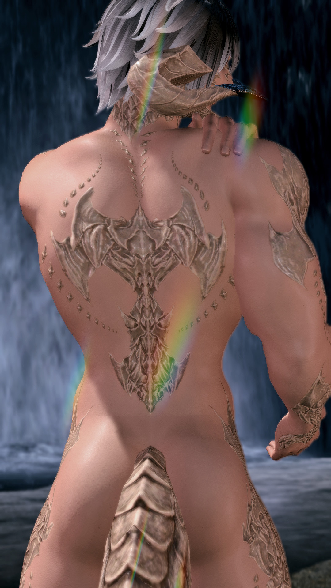 Photo screenshot of an Au Ra character from FFXIV. He has short salt-and-pepper hair, ivory white scales on his back, arms and legs. One hand is resting on his shoulder as he turns back toward the viewer. He's naked, taking a bath in a secluded waterfall and poised as if someone is interrupting his privacy.