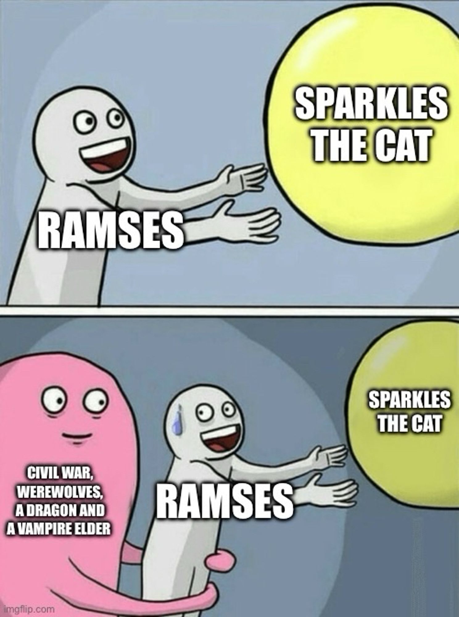 Ramses reaches for Sparkles the cat but is held back by civil war, werewolves, a dragon and a vampire elder