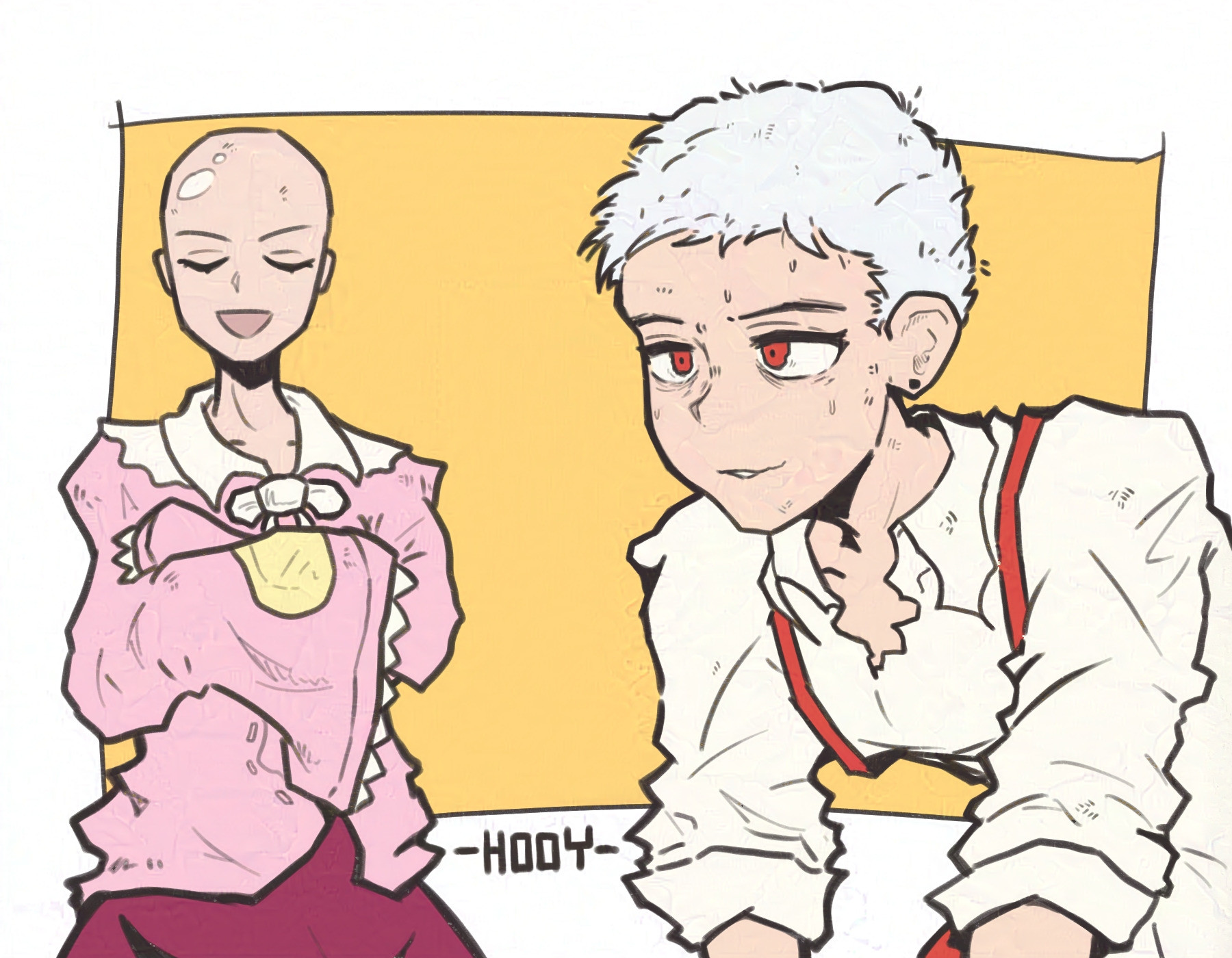 Fujiwara no Mokou and Houraisan Kaguya with no hair; both aptly named Baldou and Baldguya.

Kaguya is beaming and content.