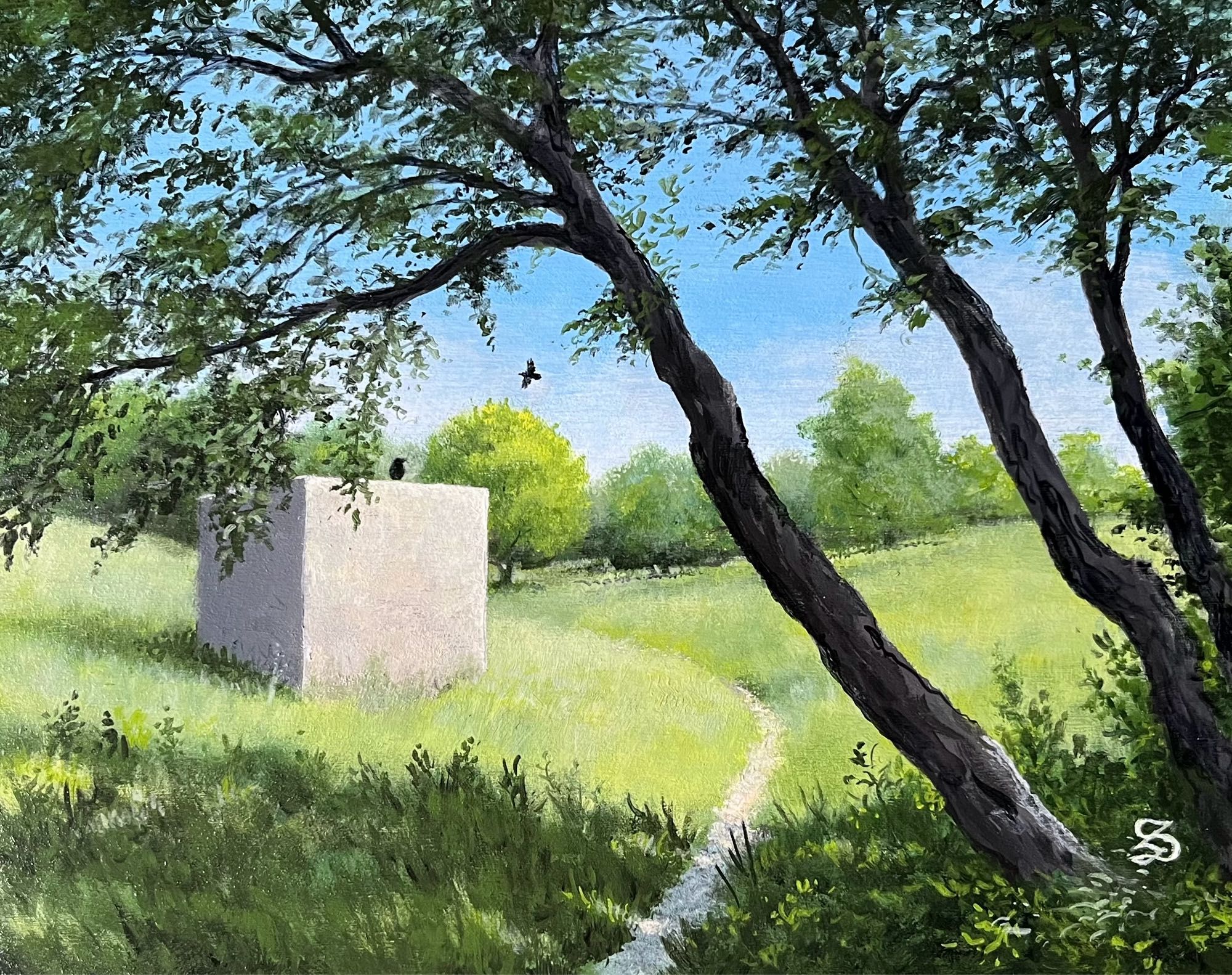 Painting of a park on a sunny day. Your viewpoint is from the shade of a clump of trees. There is a narrow dirt path leading across a sunny meadow to a cm line b of trees in the background. On the left side of the path is a large concrete or stone cube, about as tall as you. A crow is perching on top of the cube while a second circles overhead in a vu blue summer sky.