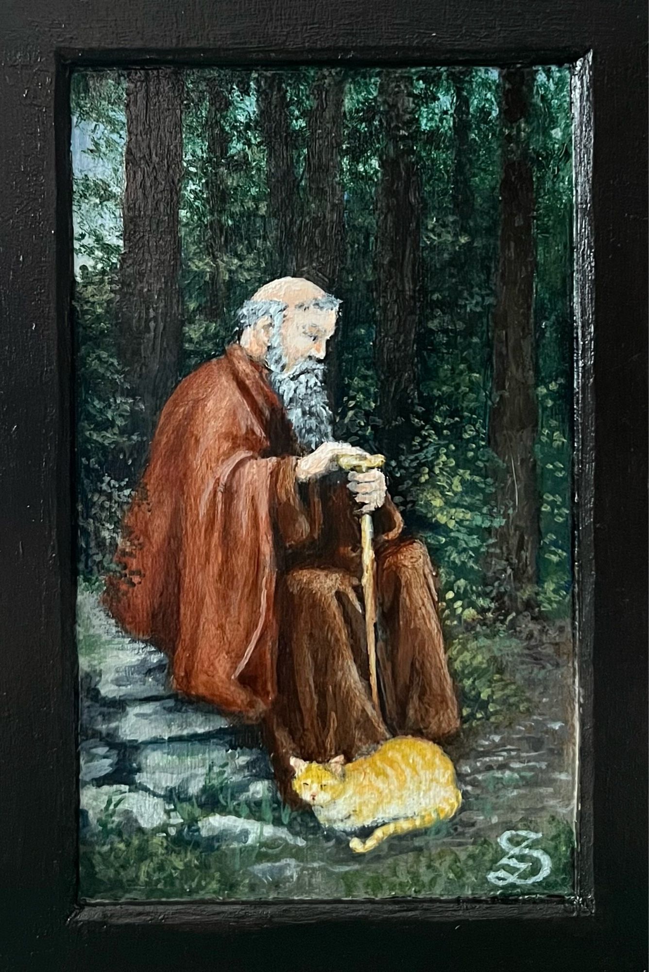 Miniature painting of a man in brown robes sitting on a stone at the edge of a garden. There is an orange cat curled up on his feet.