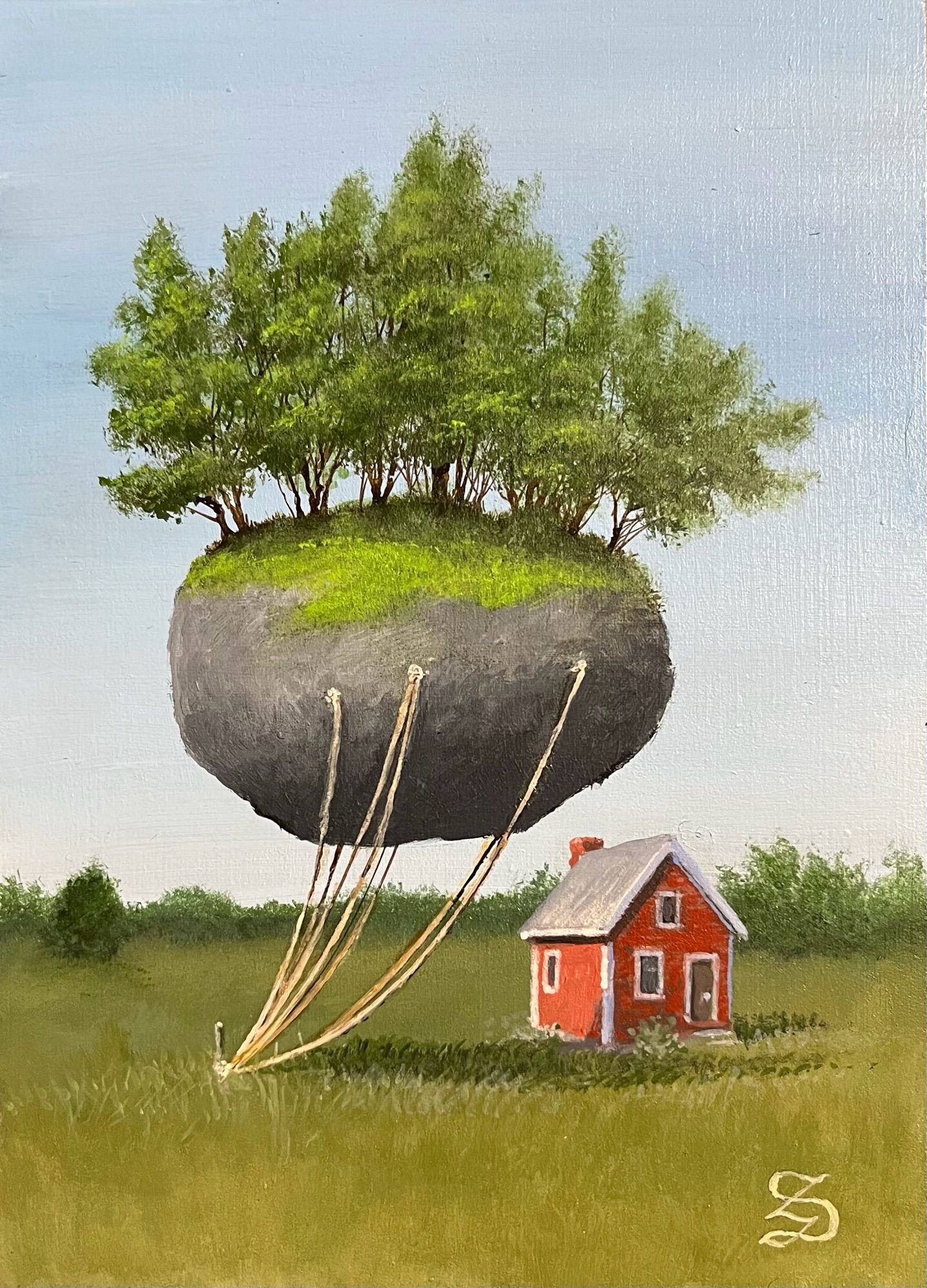 Small landscape painting of a field with trees along the horizon. A small red house sits partially in the shadow of a much larger boulder floating in the air. The boulder has a small copse of trees growing on top, and is tethered to the ground by heavy cables tied to a single large peg.