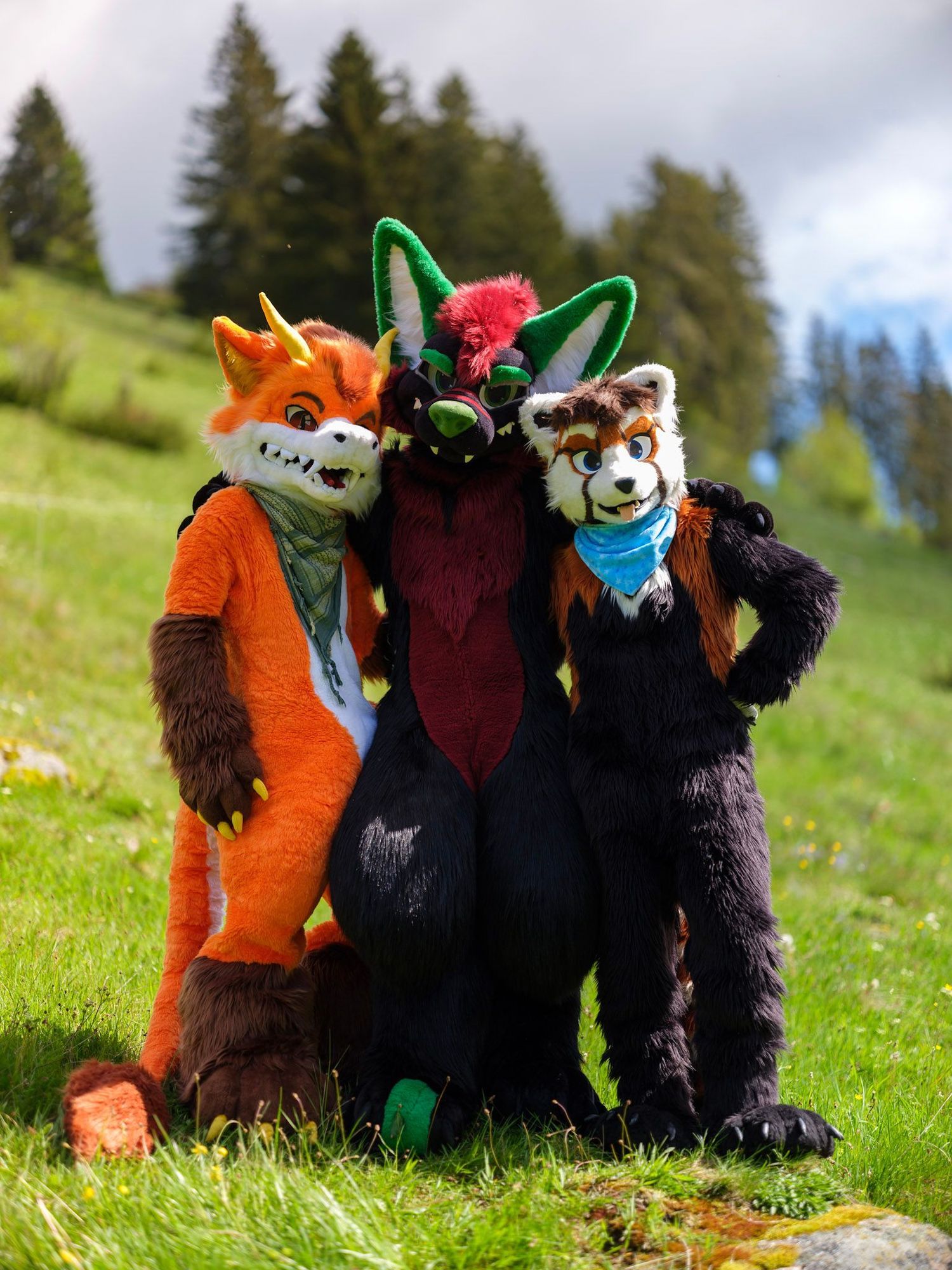 Three fursuiters standing on a green meadow in the black forest