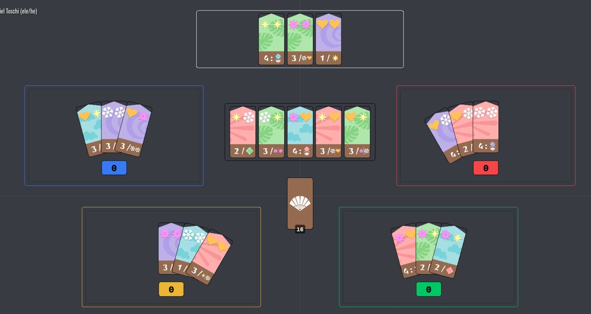 A digital screenshot of my prototype Leques. Domino cards in different colors are arranged in arcs and lines.