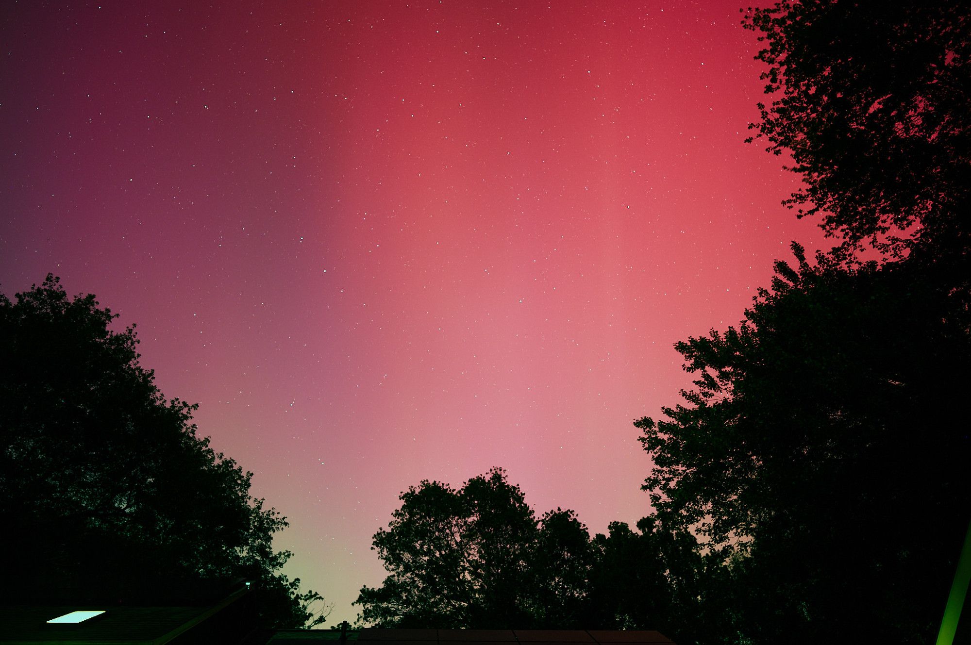 The sky in hues of red and green from the aurora, bordered by trees.