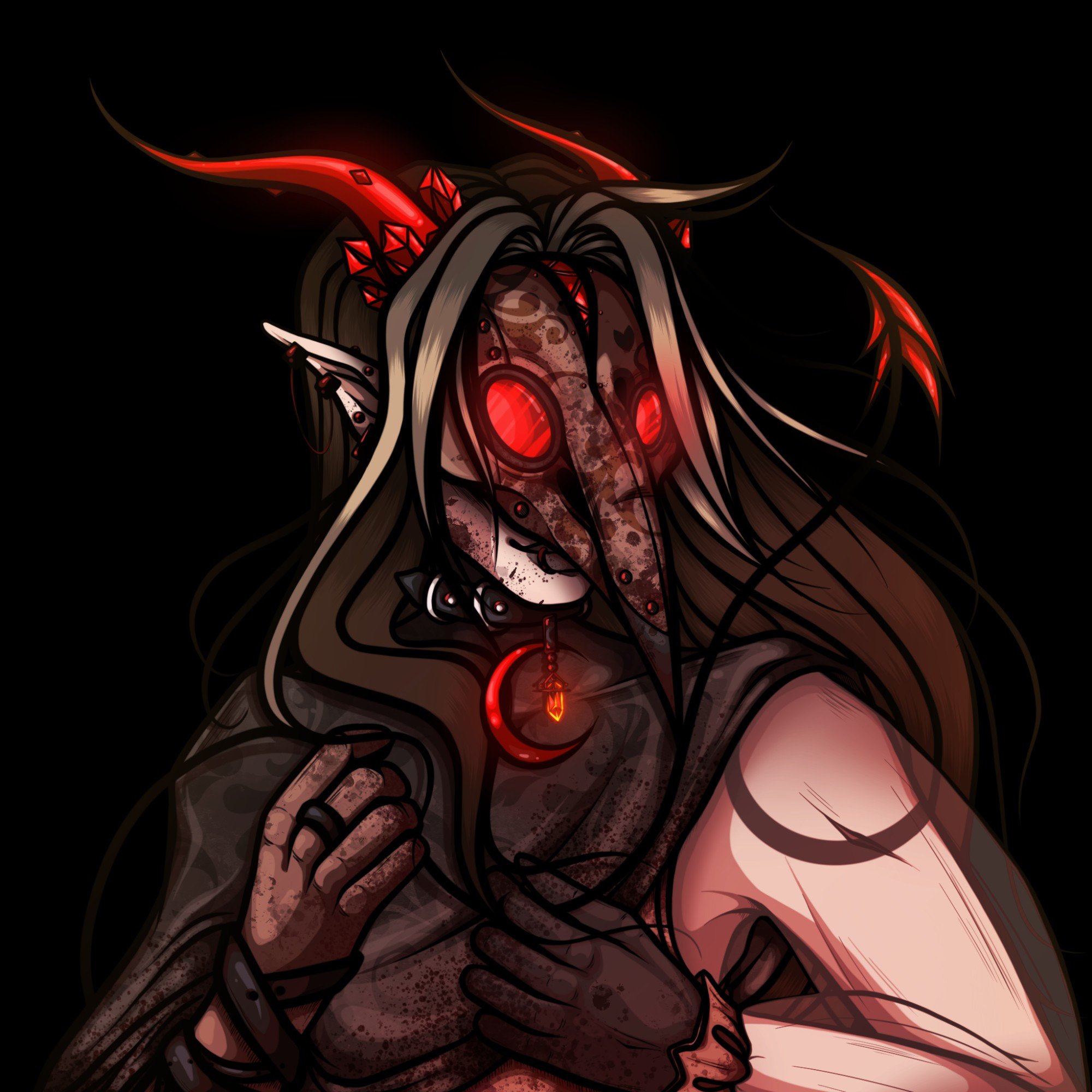 A pale masked man with horns and a tail. He is wearing a cloak and has one shoulder with a tattoo exposed. One hand has a glove and the other has a black ring on the middle finger. He has red peircings in his lips and ears and wears a collar with a red moon and a crystal on it. His hair is long and is brown and white in color.