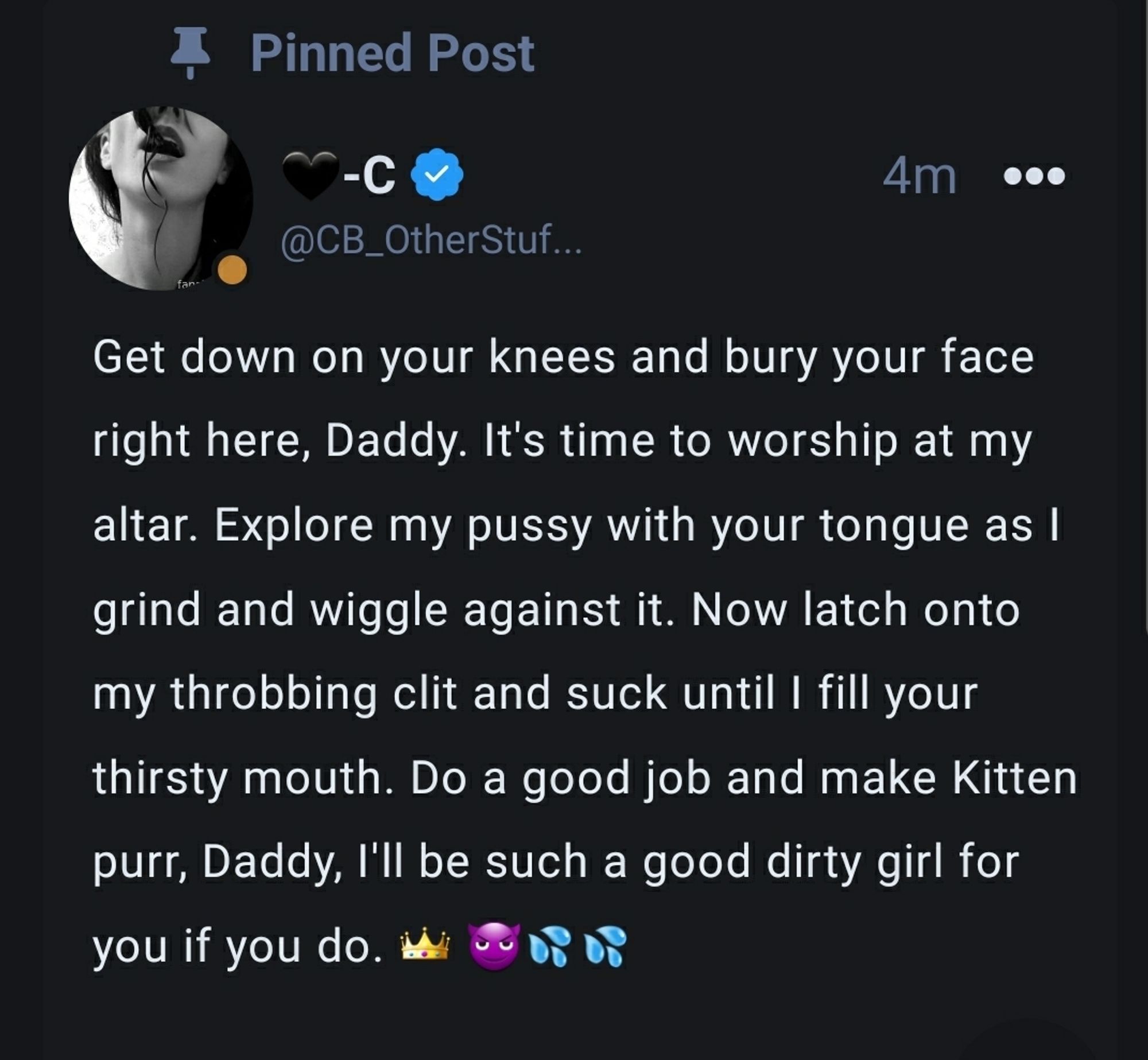 Screenshot of a pinned fansly post reading " Get down on your knees and bury your face right here, Daddy. It's time to worship at my altar. Explore my pussy with your tongue as I grind and wiggle against it. Now latch onto my throbbing clit and suck until I fill your thirsty mouth. Do a good job and make Kitten purr, Daddy, I'll be such a good dirty girl for you if you do. 👑 😈💦💦"