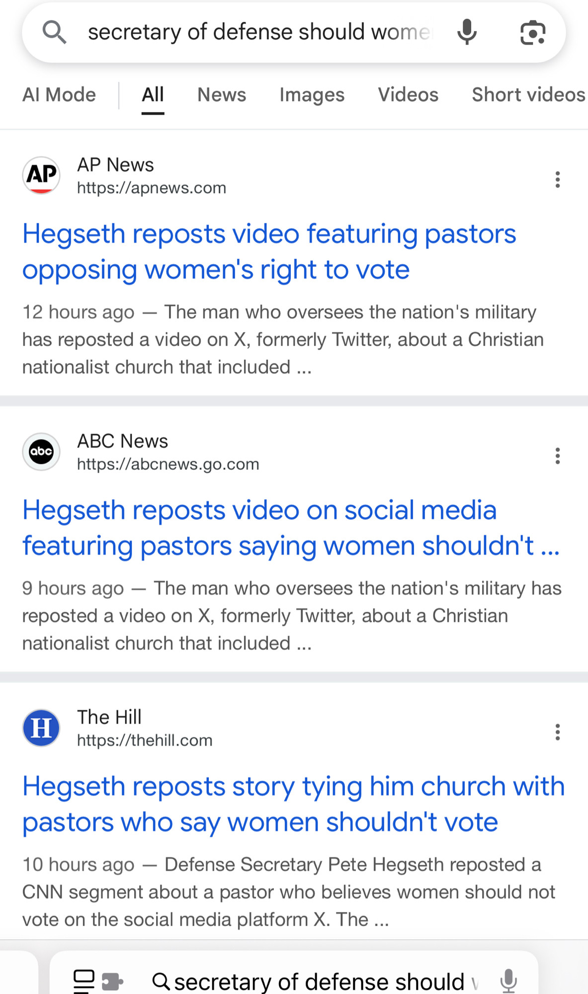 A long list of Google results from the search terms, showing that Pete Hegseth, Trump’s Secretary of Defense, reposted a video on social media featuring pastors saying women shouldn’t be allowed to vote
