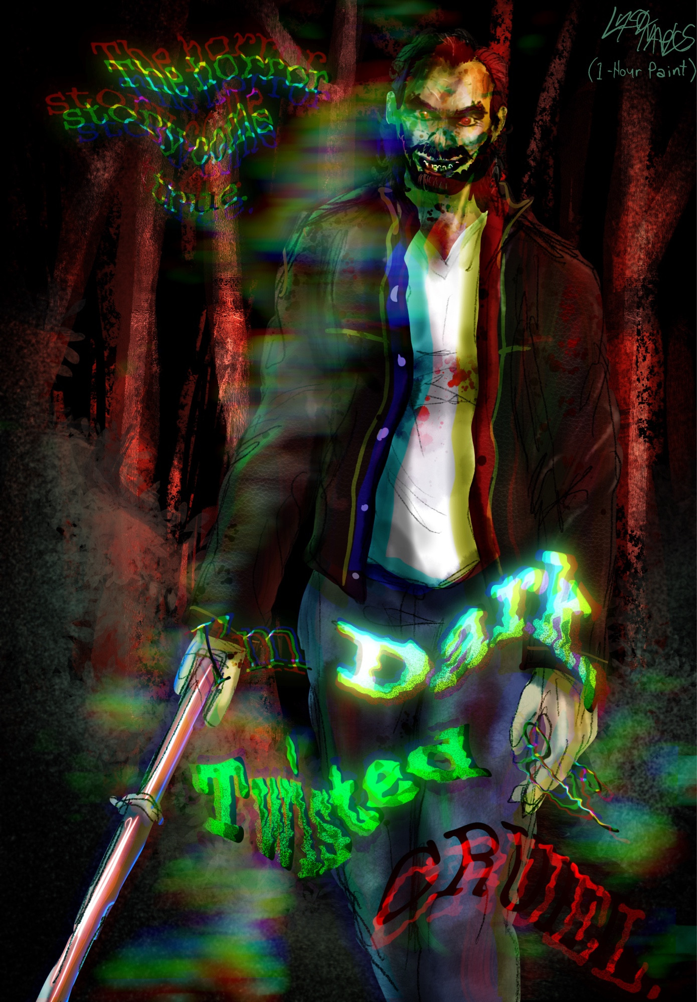 (Made in 1 hour) Mr Scratch approaching menacingly from the woods with a lead pipe. Ethereal text swirls around him, reading “The horror story come true. / I’m Dark, Twisted & Cruel.”