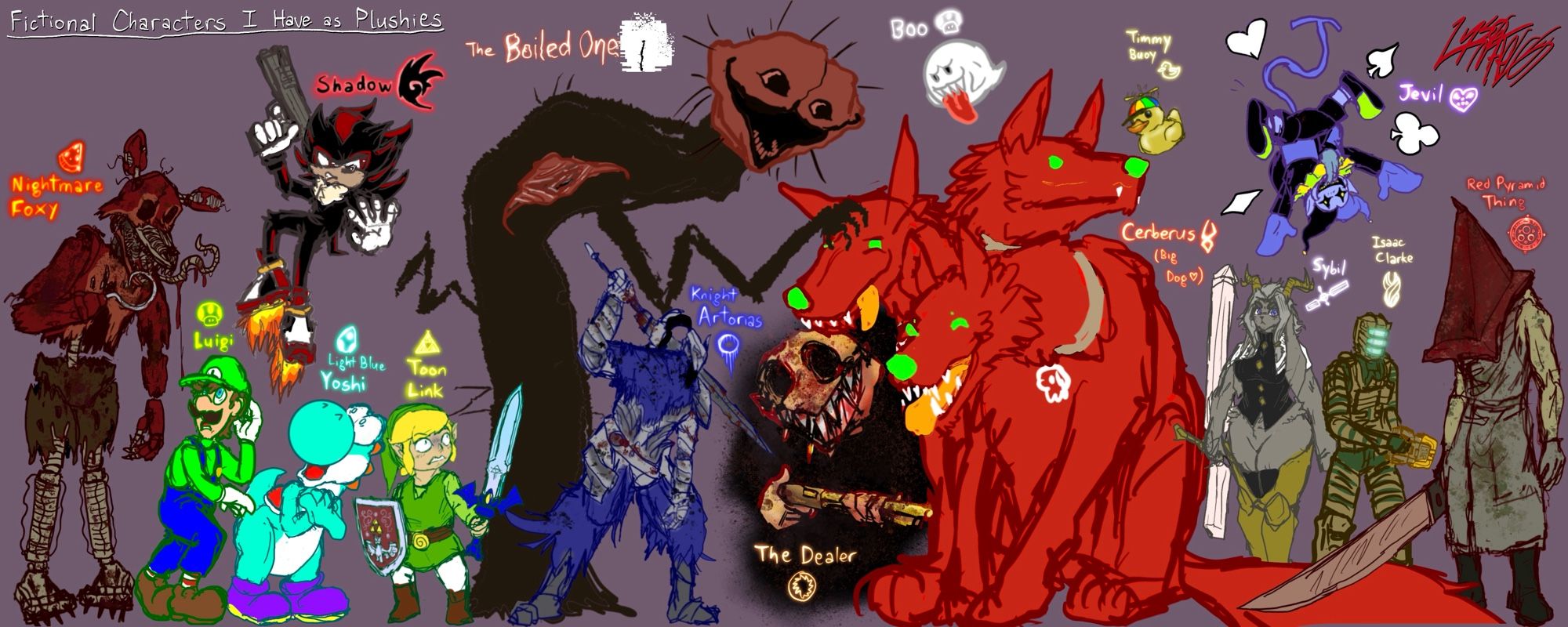 A collection of characters, mostly from games. From left to righr: Nightmare Foxy, Luigi, Shadow the Hedgehog, a light blue Yoshi, Toon Link, The Boiled One, Knight Artorias, Buckshot Roulette Dealer, a Boo, Cerberus from Hades, a duck from Placid Plastic Duck Sim, Sybil from Pseudoregalia, Jevil, Isaac Clarke, and the Red Pyramid Thing.