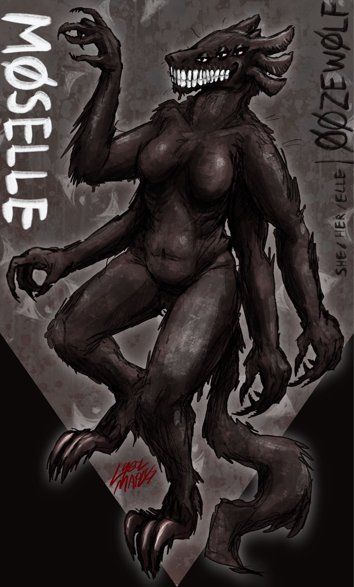 Møselle (she/her), a six-limbed, six-eyed, wolf-like creature with axolotl gills, whiskers, barbed insectoid claws and a perpetual grin. Her body is made of a wet mud-like substance. She is making a shadow puppet of a creature with her upright hand.
—
Møselle (elle), une créature à six membres et six yeux, semblable à un loup, avec des branchies d'axolotl, des moustaches, des griffes insectoïdes barbelées et un sourire perpétuel. Son corps est fait d’une substance semblable à de la boue humide. Elle fabrique une marionnette à ombres d'une créature avec un de leurs mains droites.