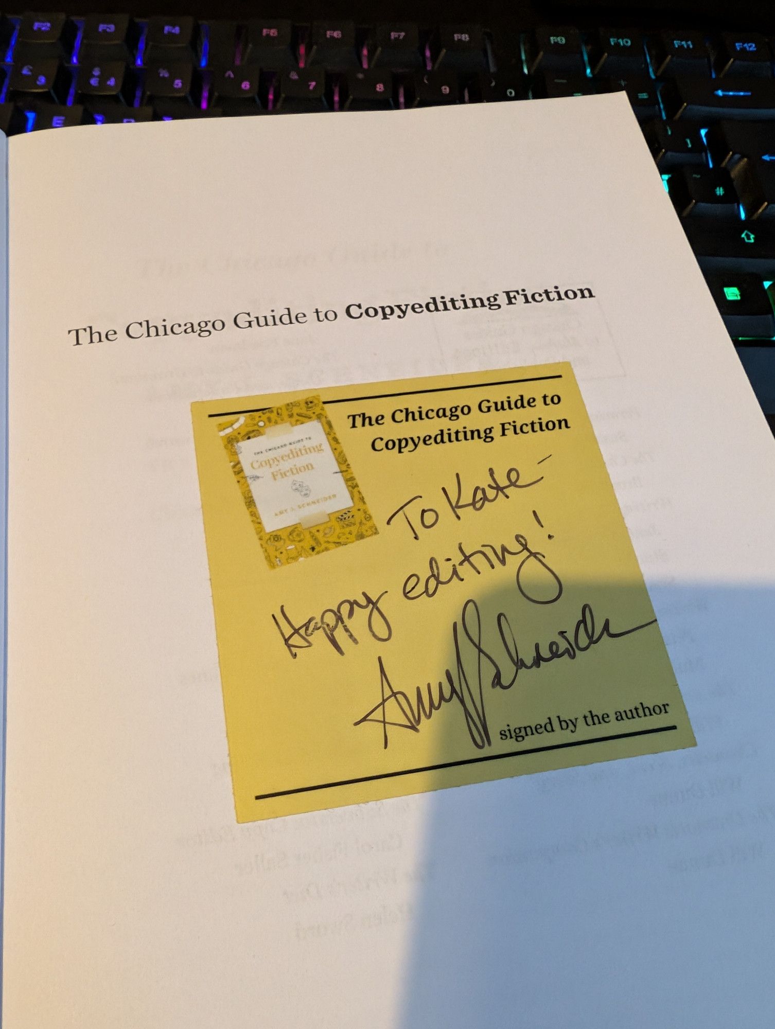 A signed bookplate inside a copy of the book: "The Chicago Guide to Copyediting Fiction"