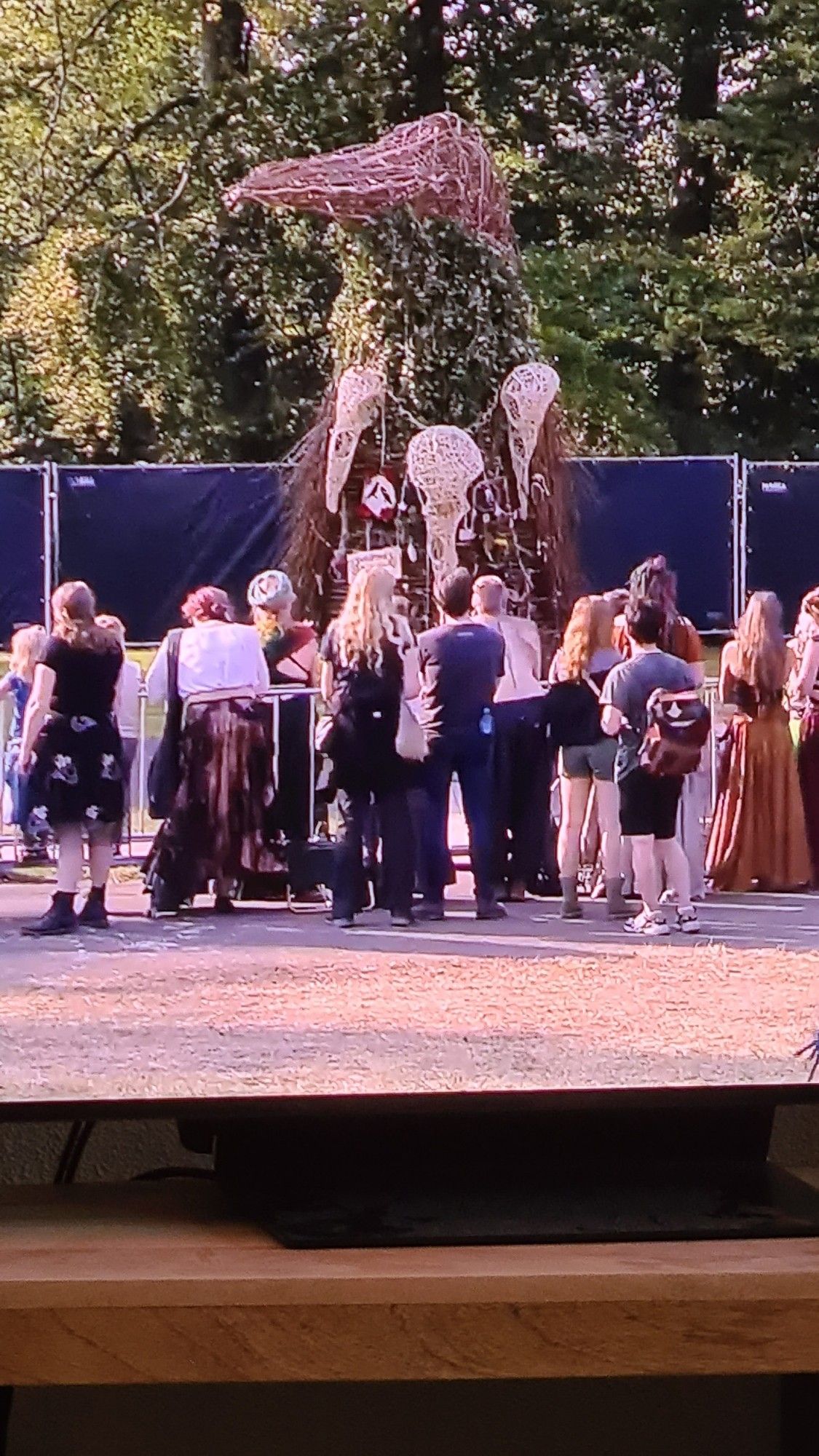 A crow (3m tall) made of wicker, people in front of it, a bit of the ground (gravel) then the black edge if my tv and the wooden shelf my tv is on. Behind the wicker, there's a black vertical tarp and behind that is a forest of deciduous trees.