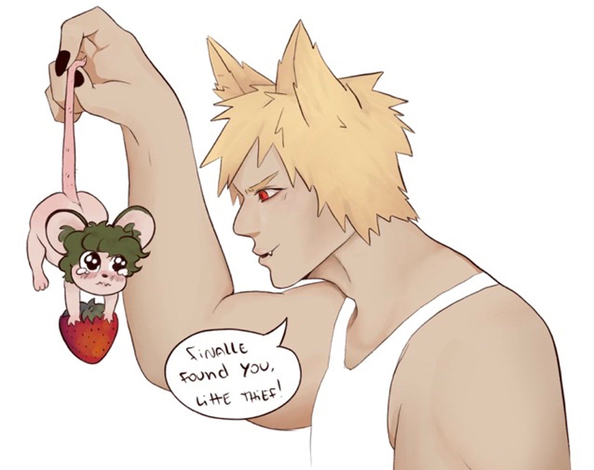 Katsuki is a wolf hybrid, he is a human but with wolf ears, a tail and long strong black nails.

He says “Finally found you, little thief!” Referring to the tiny mouse hybrid he has caught! It’s Izuku, he is a human that’s almost the size of Katsuki’s hand, he has big mouse ears and a long tail. Izuku is holding a big strawberry (the size of his head) and looks like crying, embarrassed of being caught red handed!