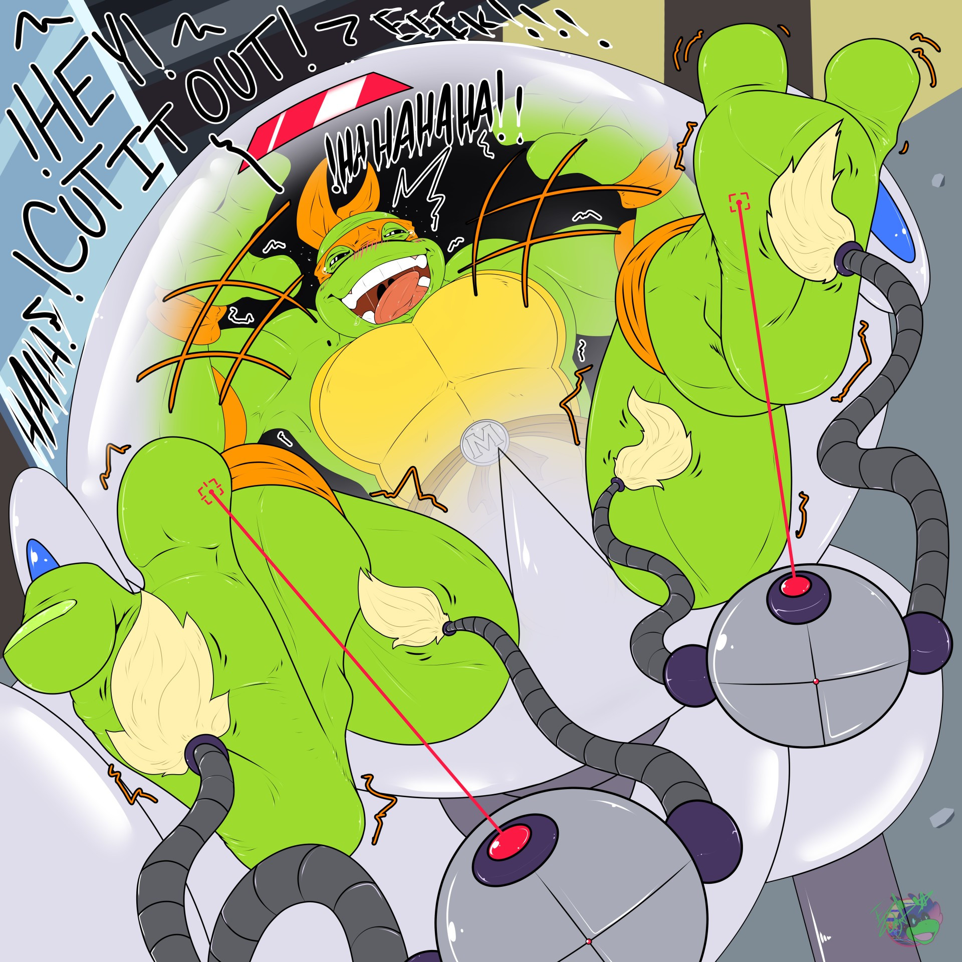 While the big machine is part of the game, the drones are my contribution and the excellent positioning was the artist's idea. Awww, poor Mikey must be in hysterics, mwahaha. Let's hope that his brothers will break him out of the wicked tickle trap (or not)~ >:3