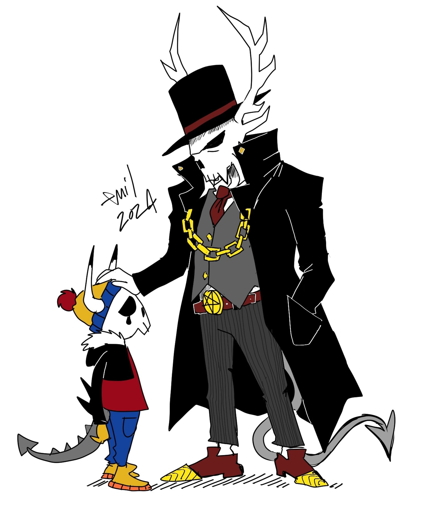 A comic style digital illustration of a small skull-faced demon creature wearing a multicolored bobble beanie, a short black leather jacket with a furry collar, a red shirt, blue jeans and yellow snakers. He has white horns and a grey spiky tail. In front of him he has a masculine, slightly gothic demon figure twice his height, which is his father. The taller demon has a skull for a head with long deer-like antlers multiple sharp points and teeth. He is wearing gray pin striped pants and a vest, with a long black leather coat on top of all. He has dark red shoes, a tie and a belt which also has a golden buckle with a pentagram on it. the coat has a thick golden chain hanging in the front connecting the two sides of the coat across his chest. He is holding his palm on his son's forehead in an affectionate way and his other hand is inside his coat pocket. The smaller creature has a black tear rolling out of his empty, sad looking black eye