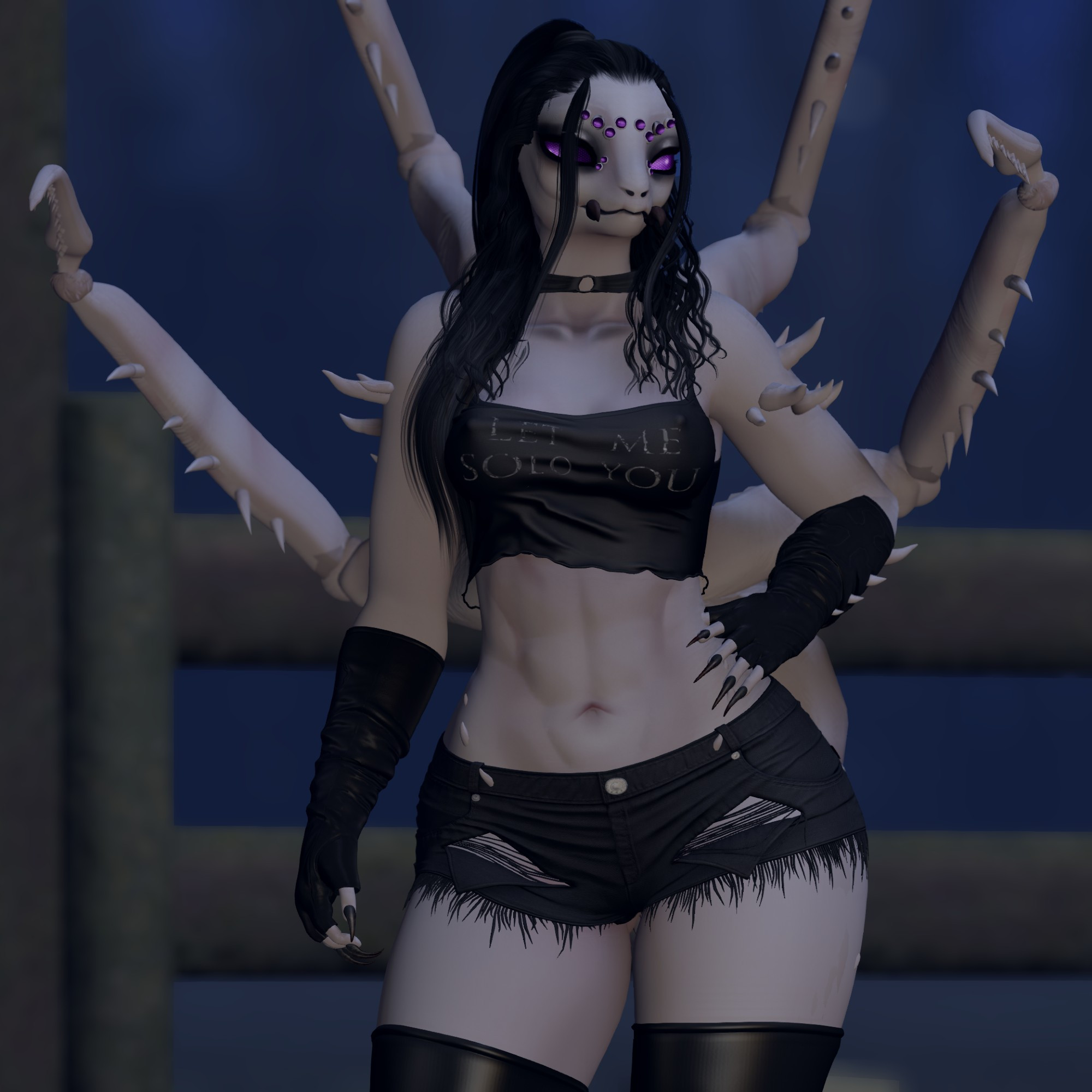 A slender anthro spider girl with off-white skin in mallgoth clothing