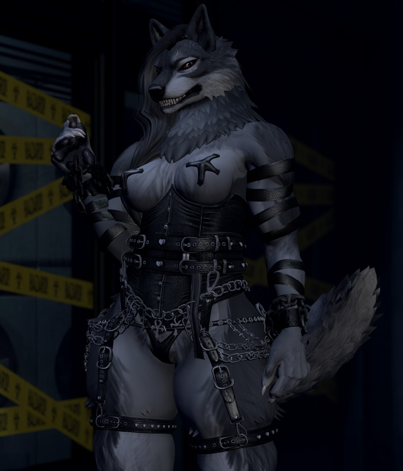 A large buff grey-furred werewolf woman with a sidecut in strappy leather gear