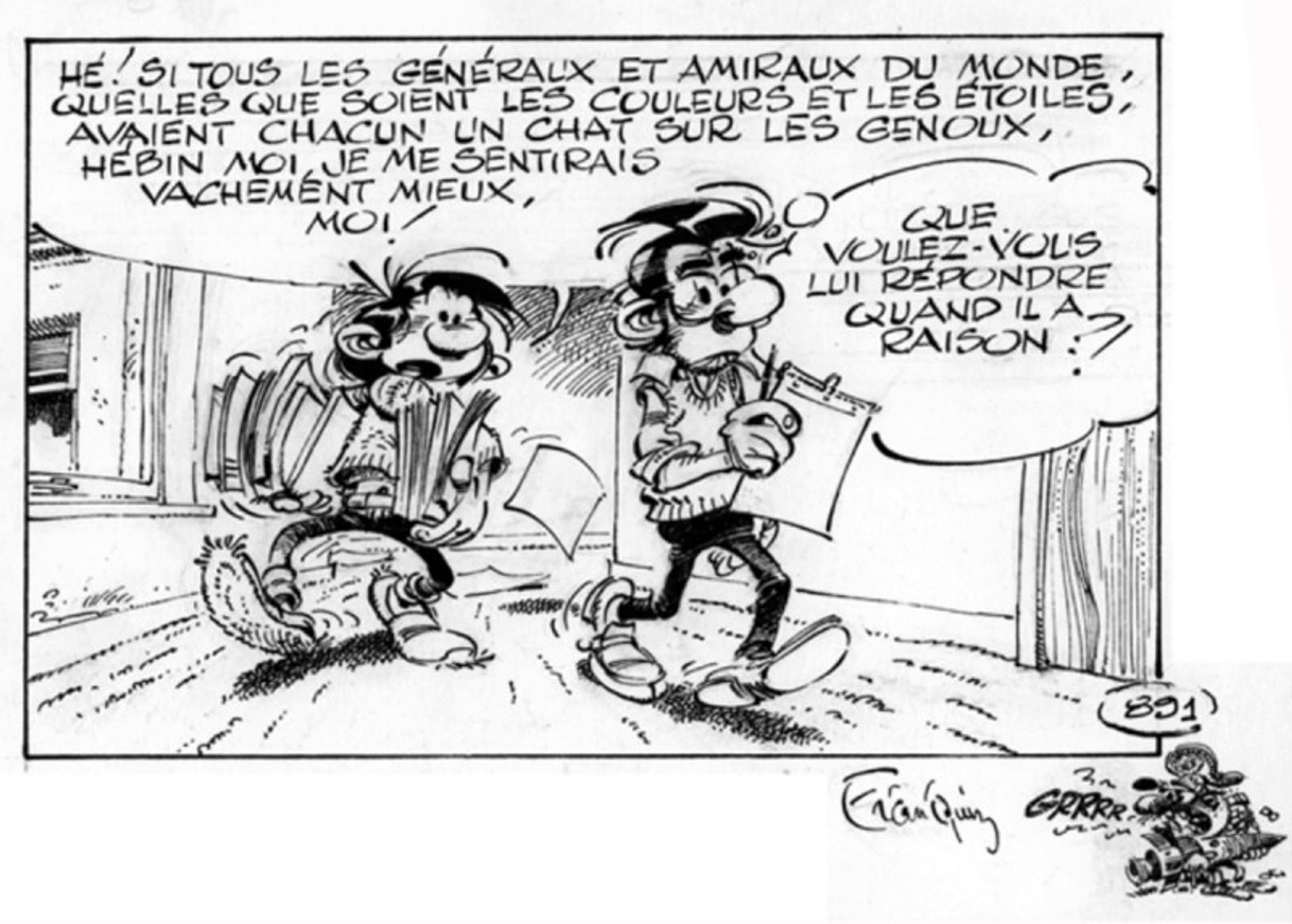 Case de bande dessinée Gaston Lagaffe. Dans le couloir avec Prunelle il lui dit : « Si tous les généraux et amiraux du Line alarme