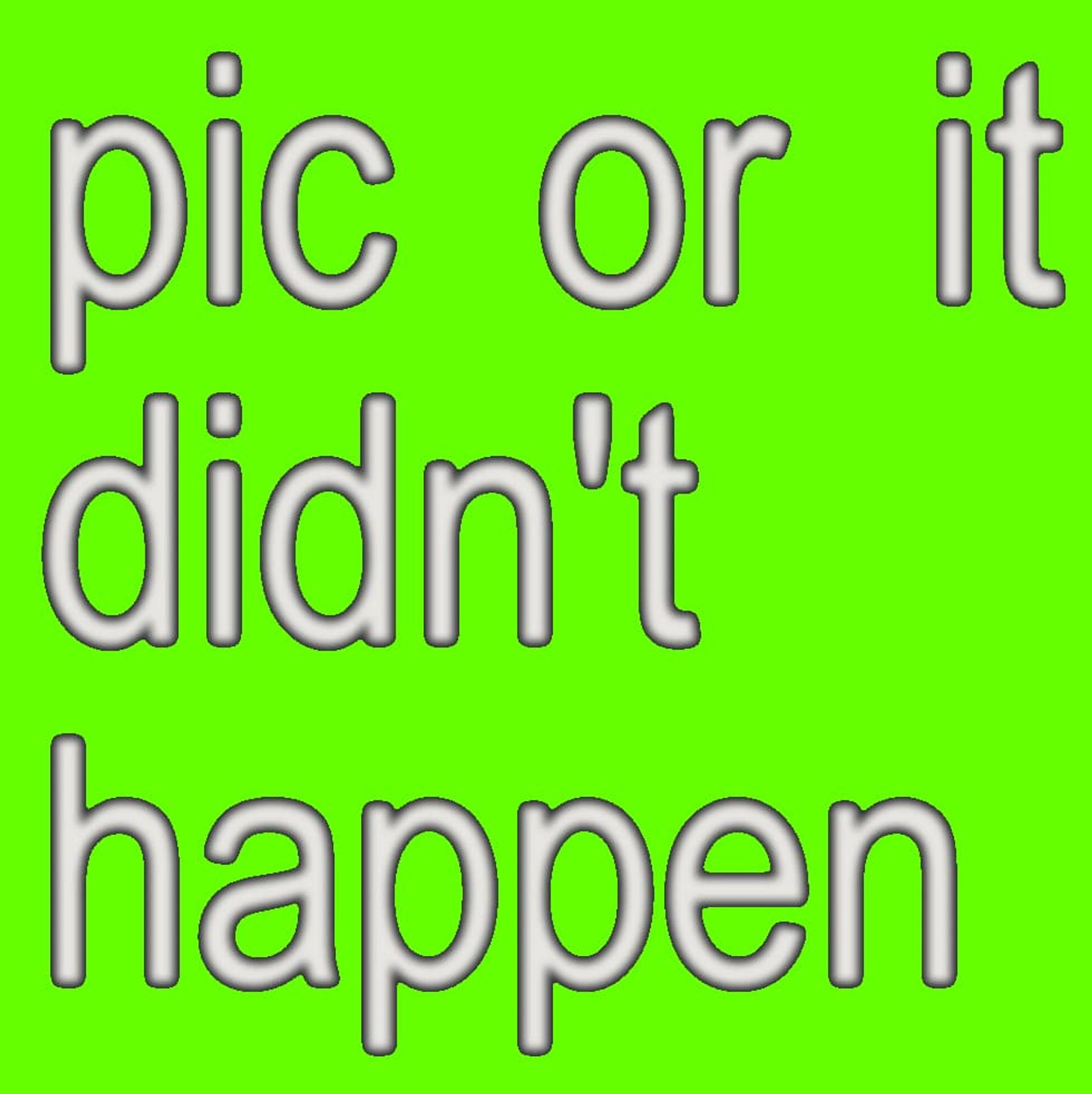 The words "pic or it didn't happen" written in "Brat" aesthetic, based on Charli XCX's album cover style. The words are all in lowercase and plain font, while the background is lime green.