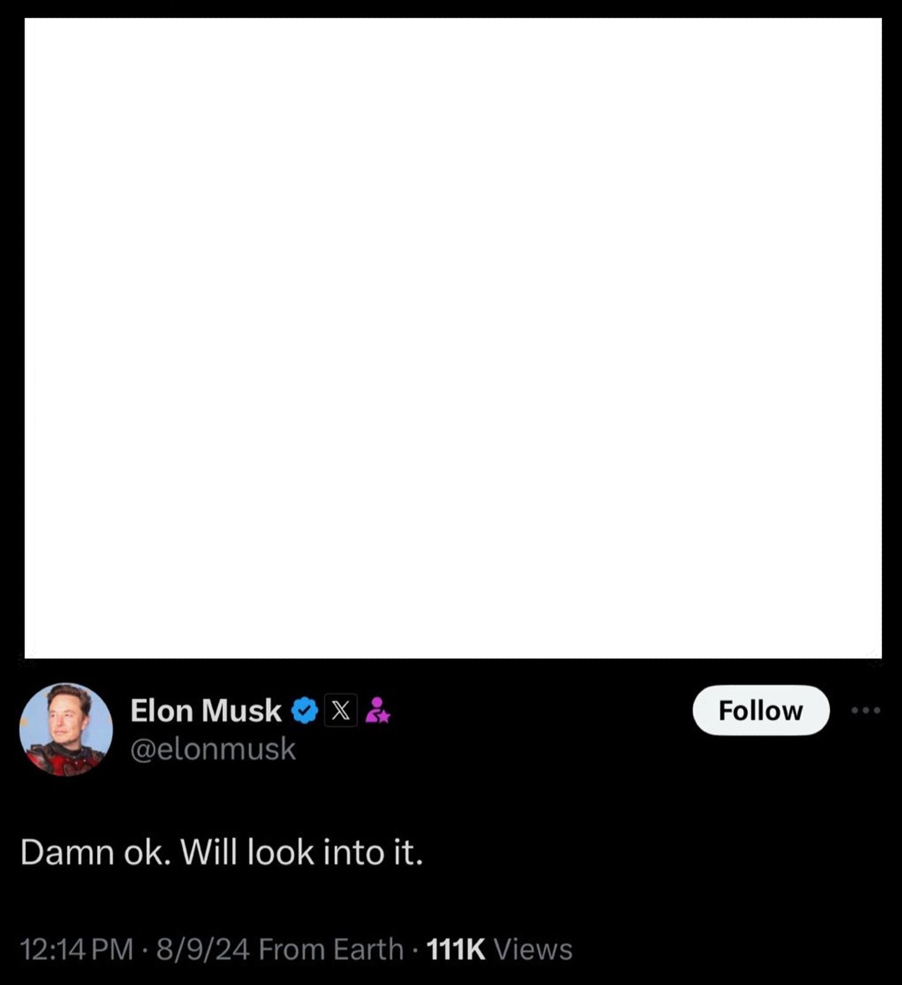 Meme template for Elon Musk's tweet: "Damn ok. Will look into it."