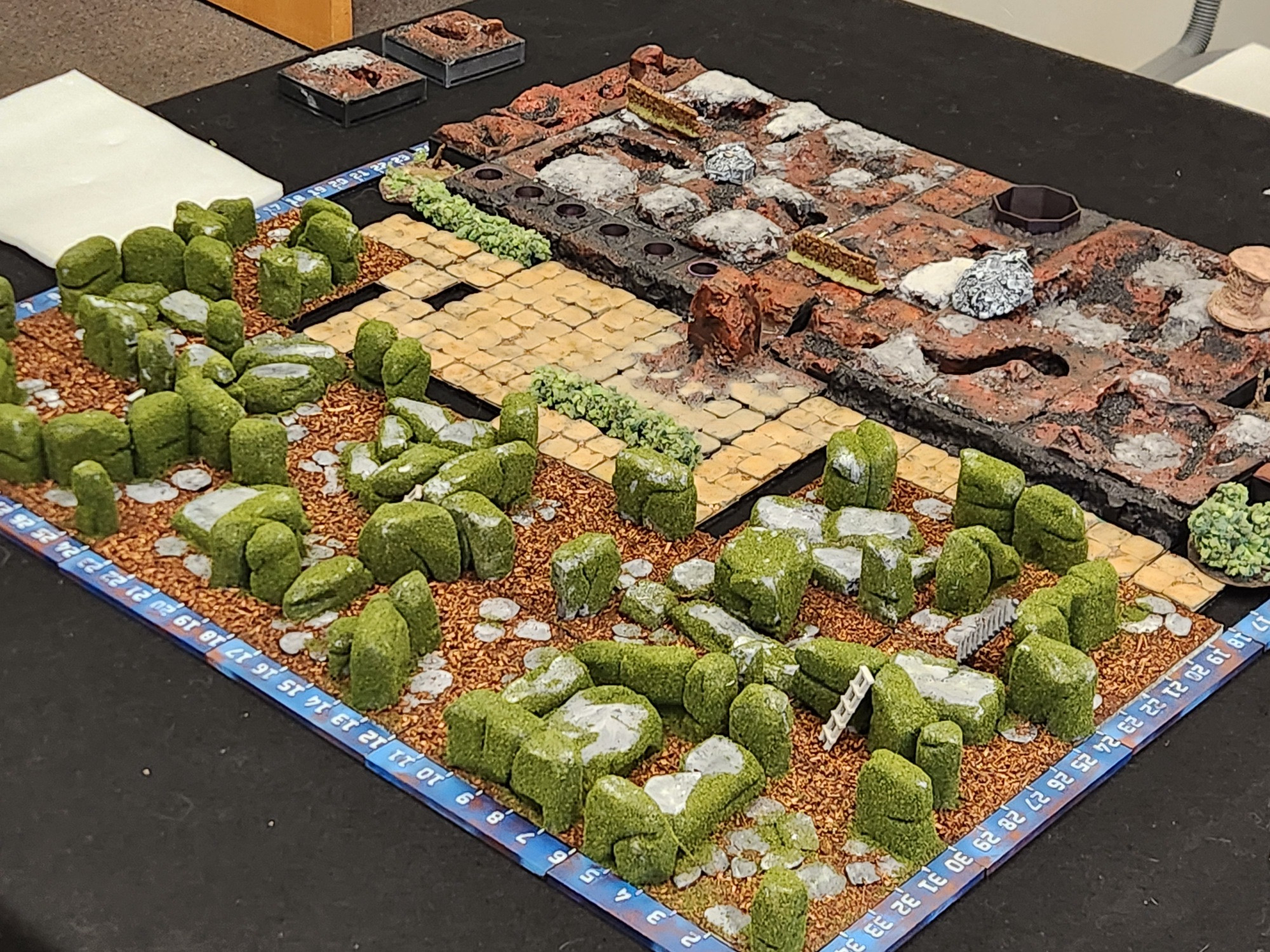 Photo of a wargaming board - the foreground is the forest and the background a hellscape of dark red stone