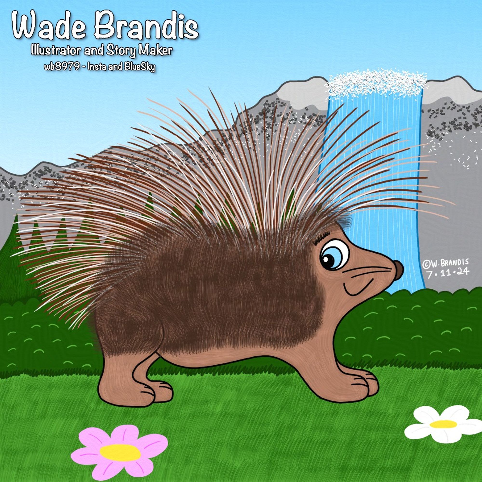 Cartoon artwork of a brown porcupine named Peter, with many long spines on the top of his back in brown, light brown, and white color. Peter has blue eyes, and is smiling happily. He stands on all four legs in a small clearing in the forest, near a waterfall. Two flowers, pink and white, are growing in the grass in front of Peter.