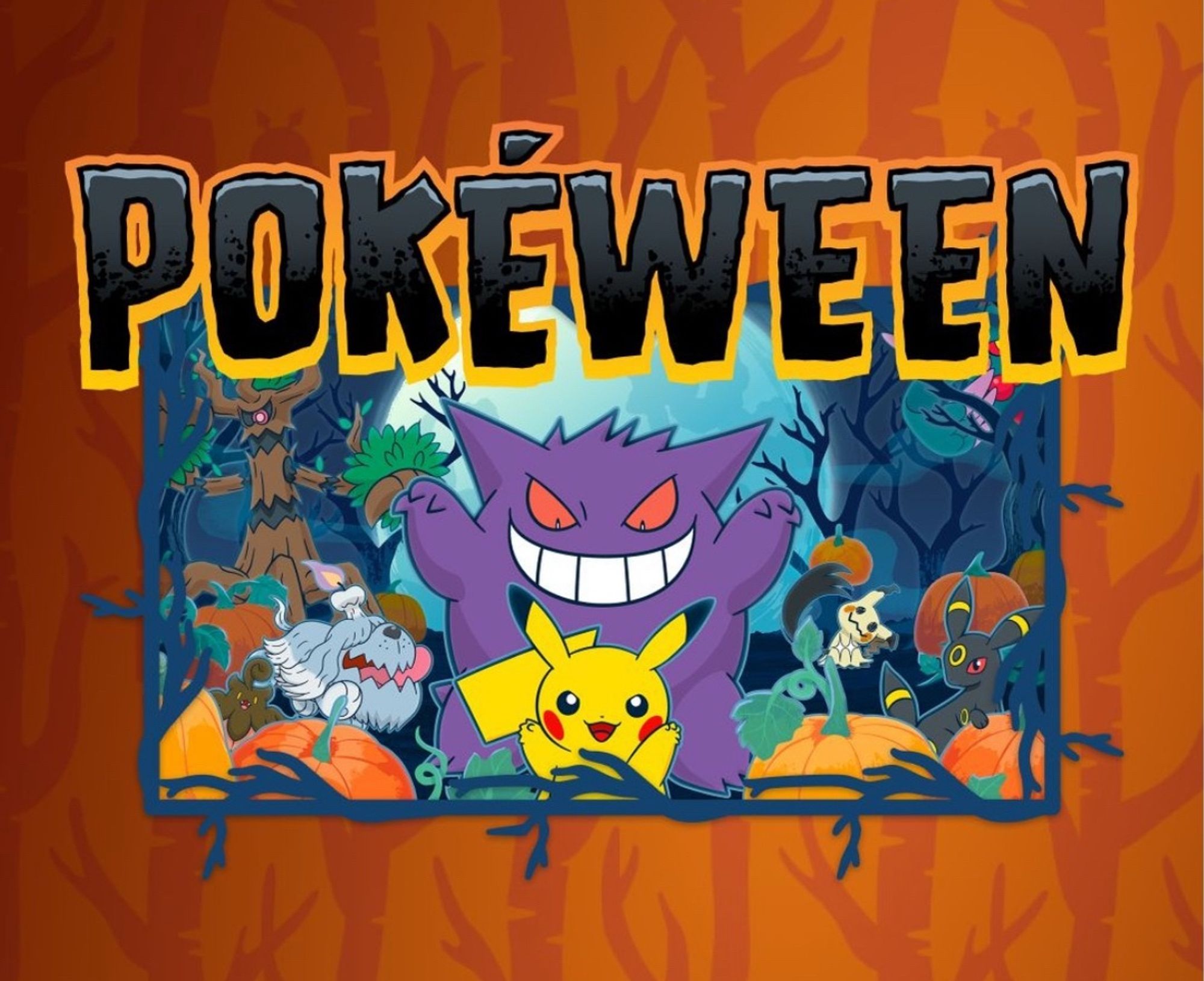 A screenshot of Nintendo’s Instagram story, there’s an orange forest background, an image of a Pikachu with a Gengar behind it, and the word “Pokéween.”