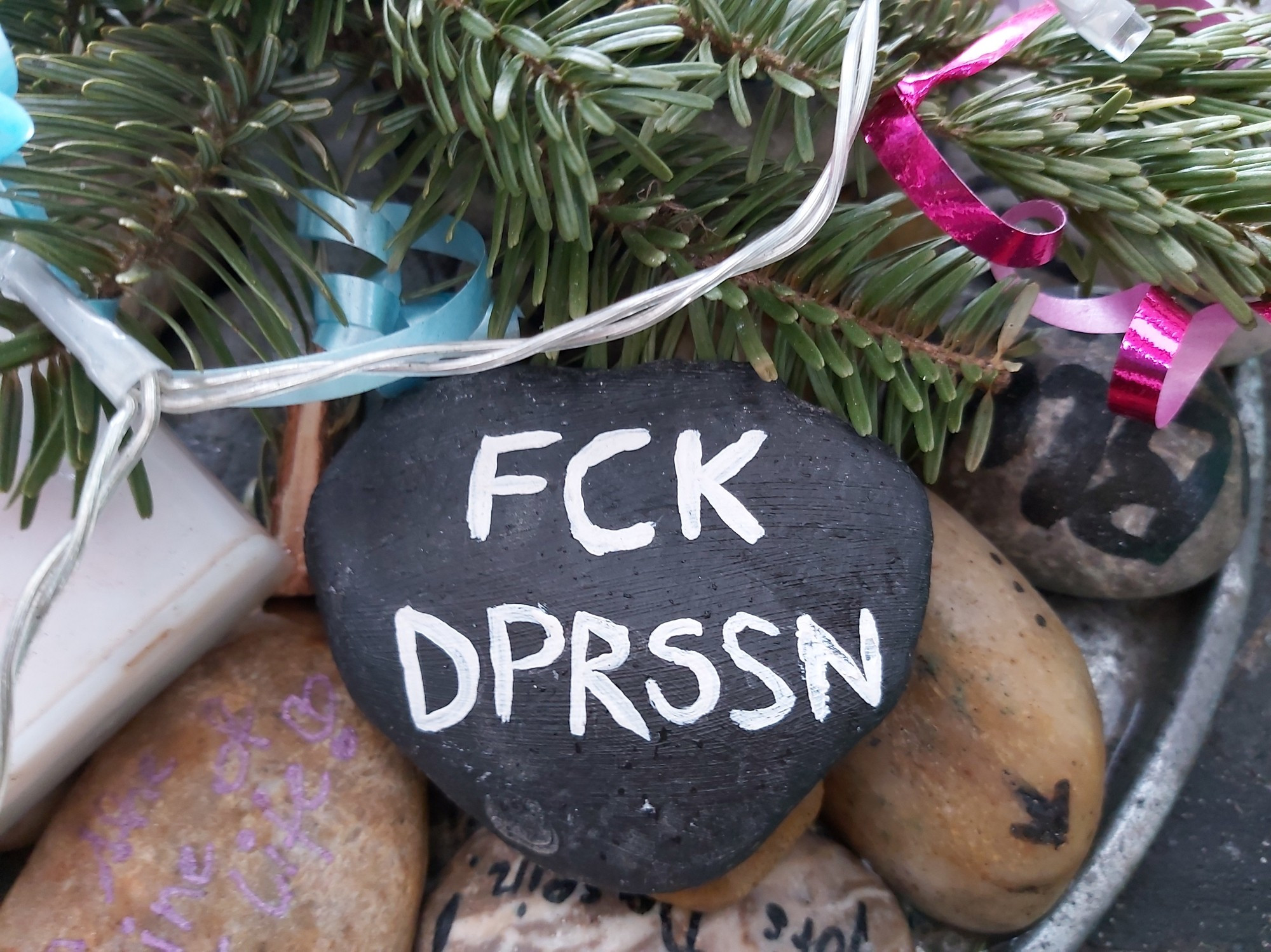 Ein Stein mit der Aufschrift " Fck dprssn"