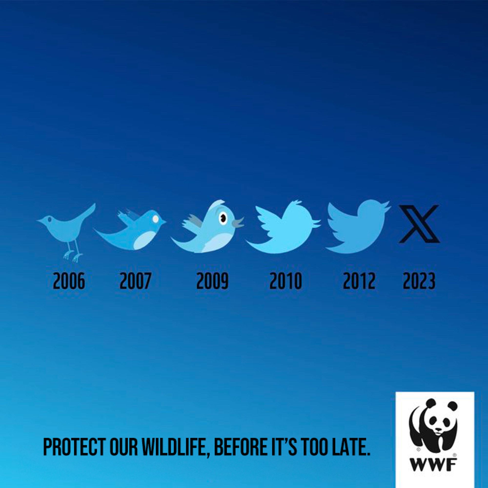 WWF-Werbung. Schütze Tiere bevor es zu spät ist (dazu Twitter-Vogel)