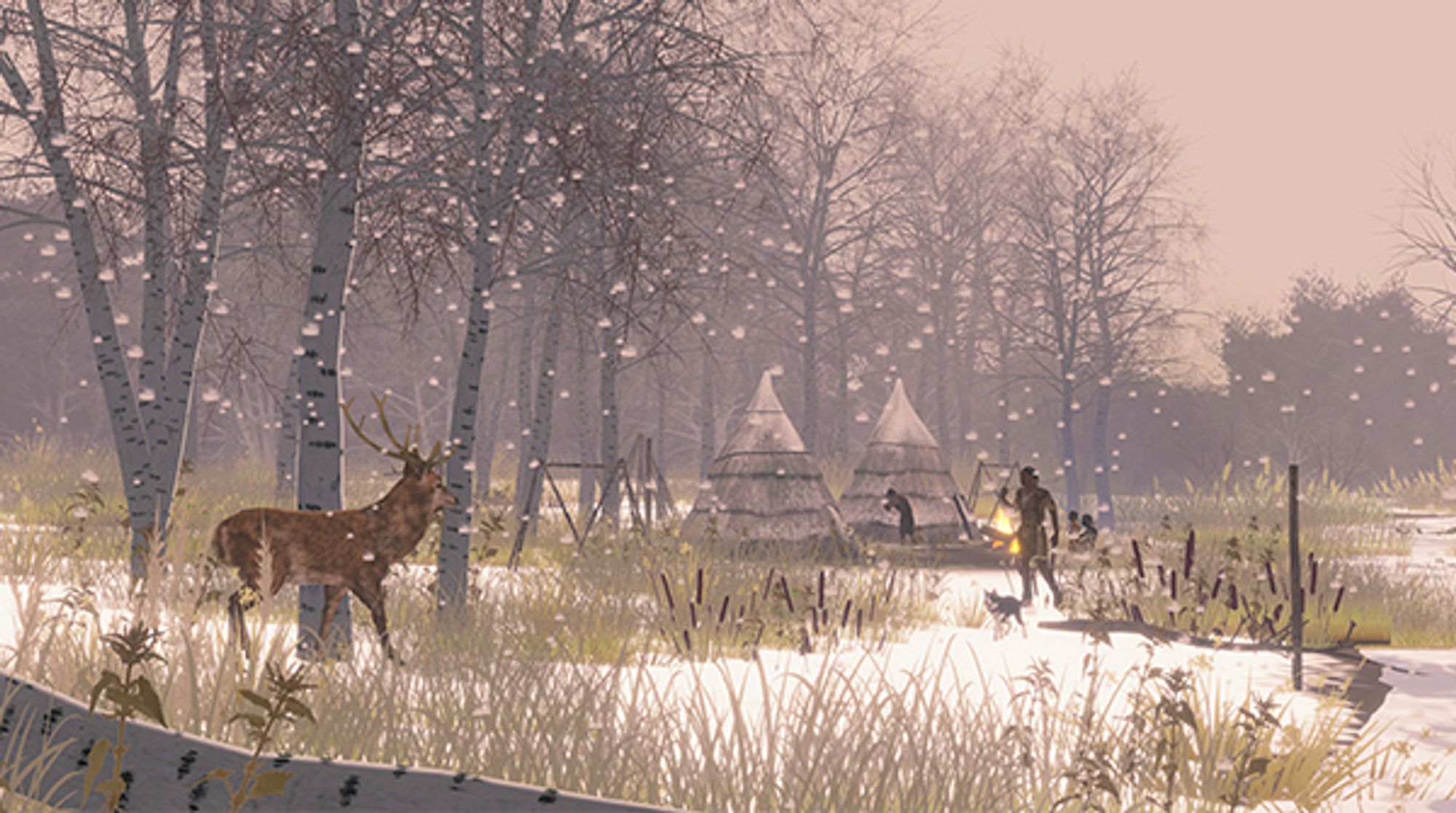 Digital reconstruction of the Mesolithic site of Star Carr. There is a stag in the foreground, some people in the background, and two thatch huts. It is snowing.