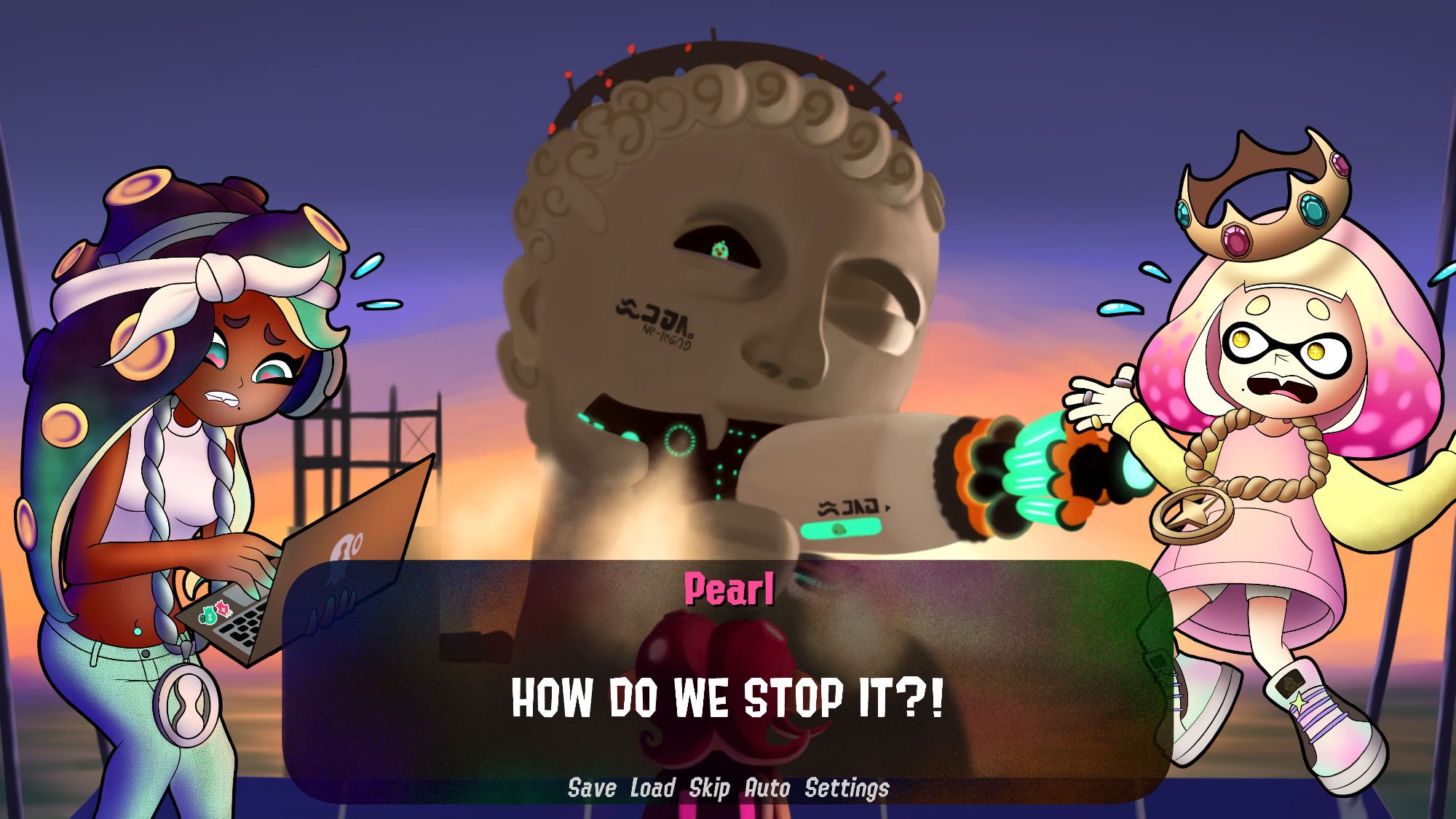 Splatoon Octo Expansion fan art of Marina and Pearl dialogue sprites in front of a background illustration of a giant statue head coming out of the water at sunset with a big laser cannon thing coming out of its mouth. In front of everything is a dialogue box of Pearl speaking that says "HOW DO WE STOP IT?!" At the bottom of the dialogue box are fake buttons labeled as "Save, Load, Skip, Auto, Settings".