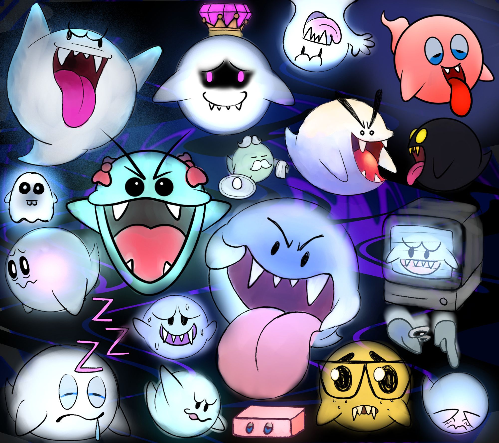 Digital art of an assortment of ghosts and boos from the Super Mario games.