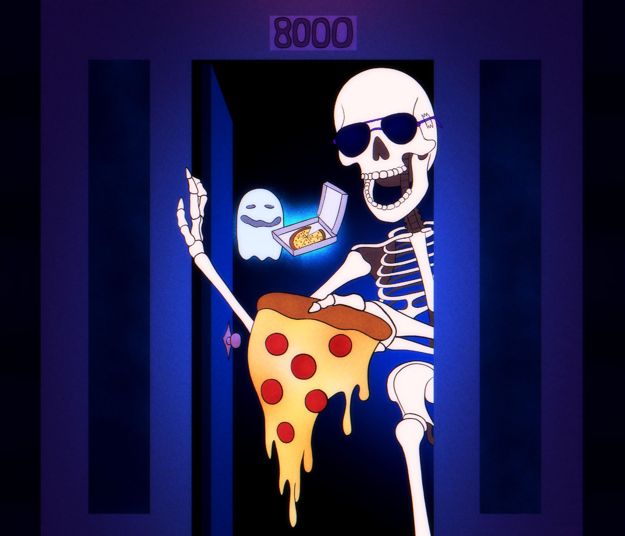 Digital art. A cool skeleton wearing sunglasses stands in a house doorway offering the viewer a cheesy gooey slice of pepperoni pizza. Beyond the doorway in the dark house there is a ghost holding an open box of pizza with a slice missing. The home address number above the doorway is "8000".