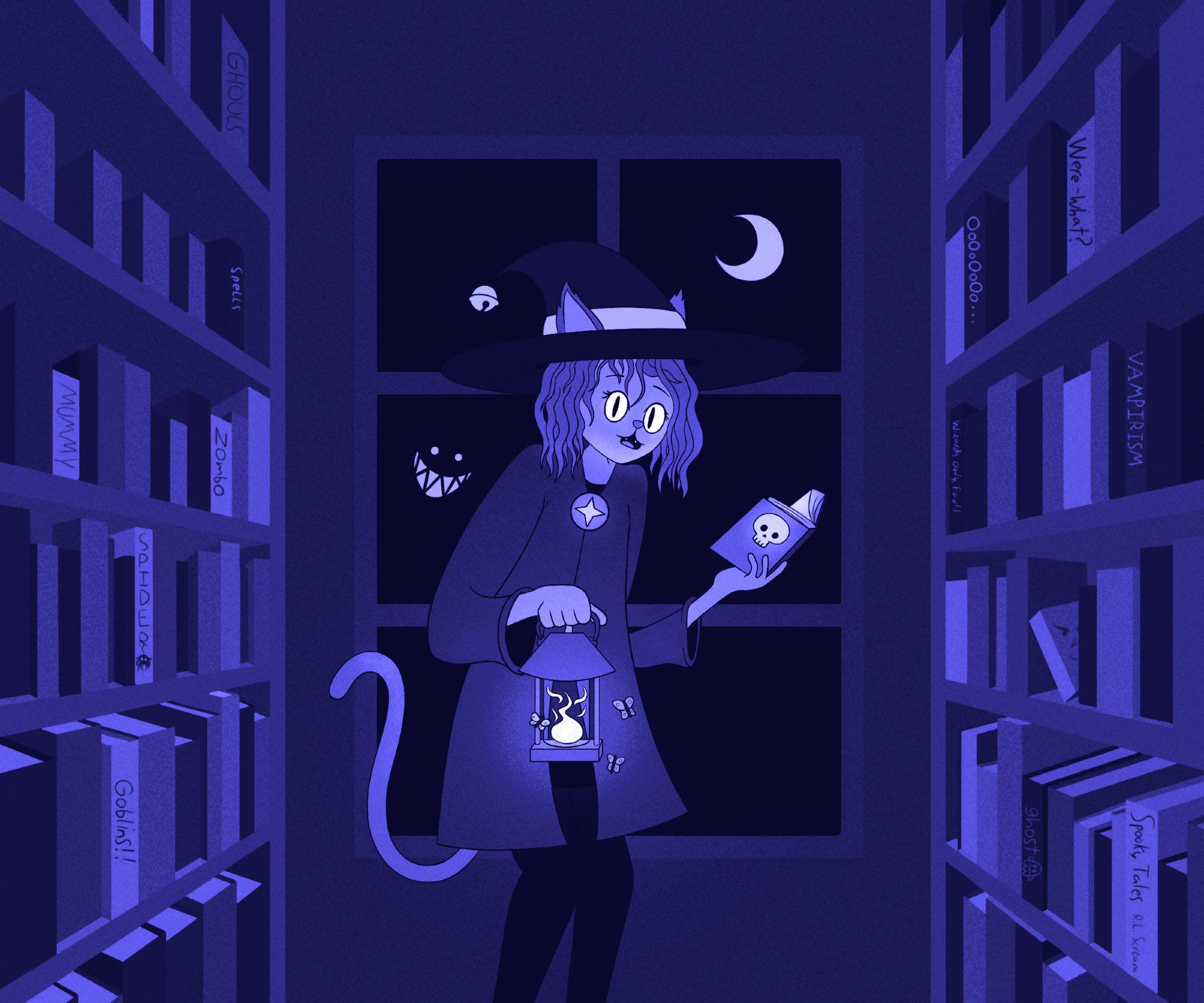 Digital art of a humanoid witch cat reading a book with a skull on it in a library. He is holding a lantern with moths fluttering around and a wispy flame inside. A window behind reveals a scary face with sharp teeth and a crescent moon.