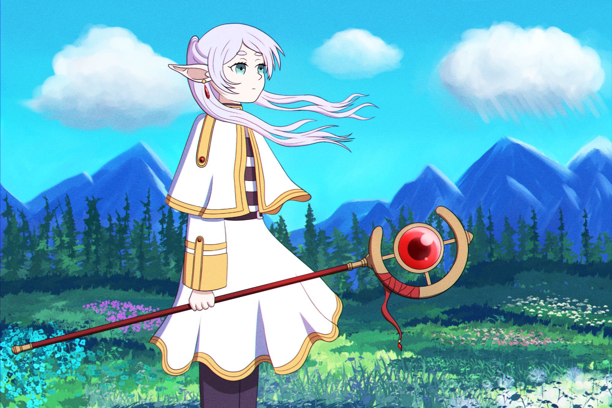 Digital illustration of Frieren standing still holding her staff with the wind blowing. The background is a painted landscape with a field of grass and flowers, then a treeline, and a pointy mountain range with three fluffy clouds in the sky.