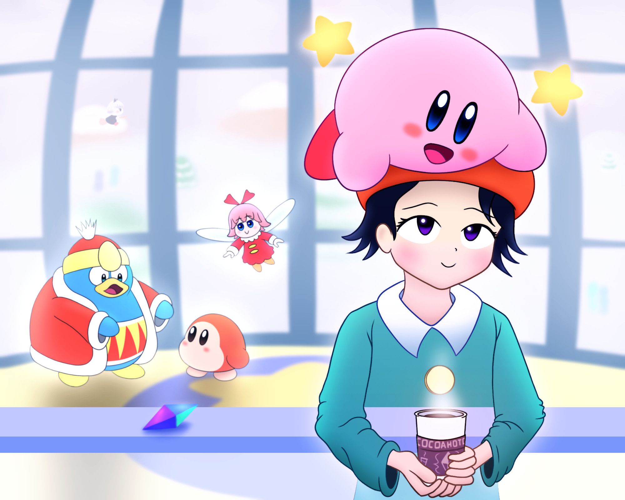 Digital art of the main cast of the game Kirby 64: The Crystal Shards. They are hanging out in the mall on the planet Shiver Star. Adeleine is in the foreground resting her arms on an arm rail while holding a cup of hot cocoa. Kirby is on top of her head hugging her and smiling. On the left on the arm rail is a crystal shard. Farther back, King Dedede is telling Waddle Dee something and Ribbon is listening in. They are standing on a yellow floor with a yellow star with a blue circle in the center of the floor. The back has a large wall with several window panes. Outside, Shiver Star's snowy landscape can be seen faintly through the bright light shining through the windows.