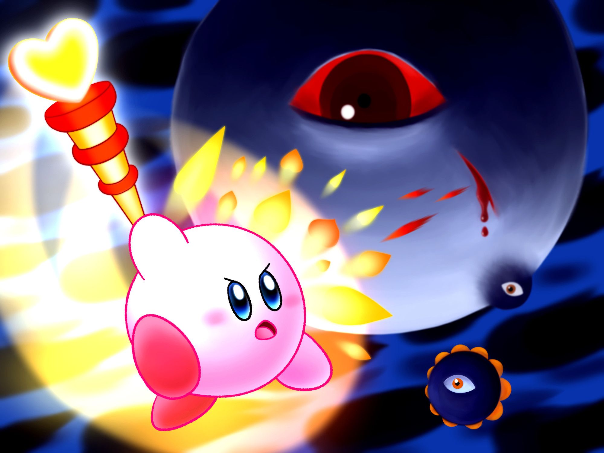 Digital art of Kirby from Kirby's Dream Land 3 fighting Zero in Hyper Zone with the Love-Love Stick