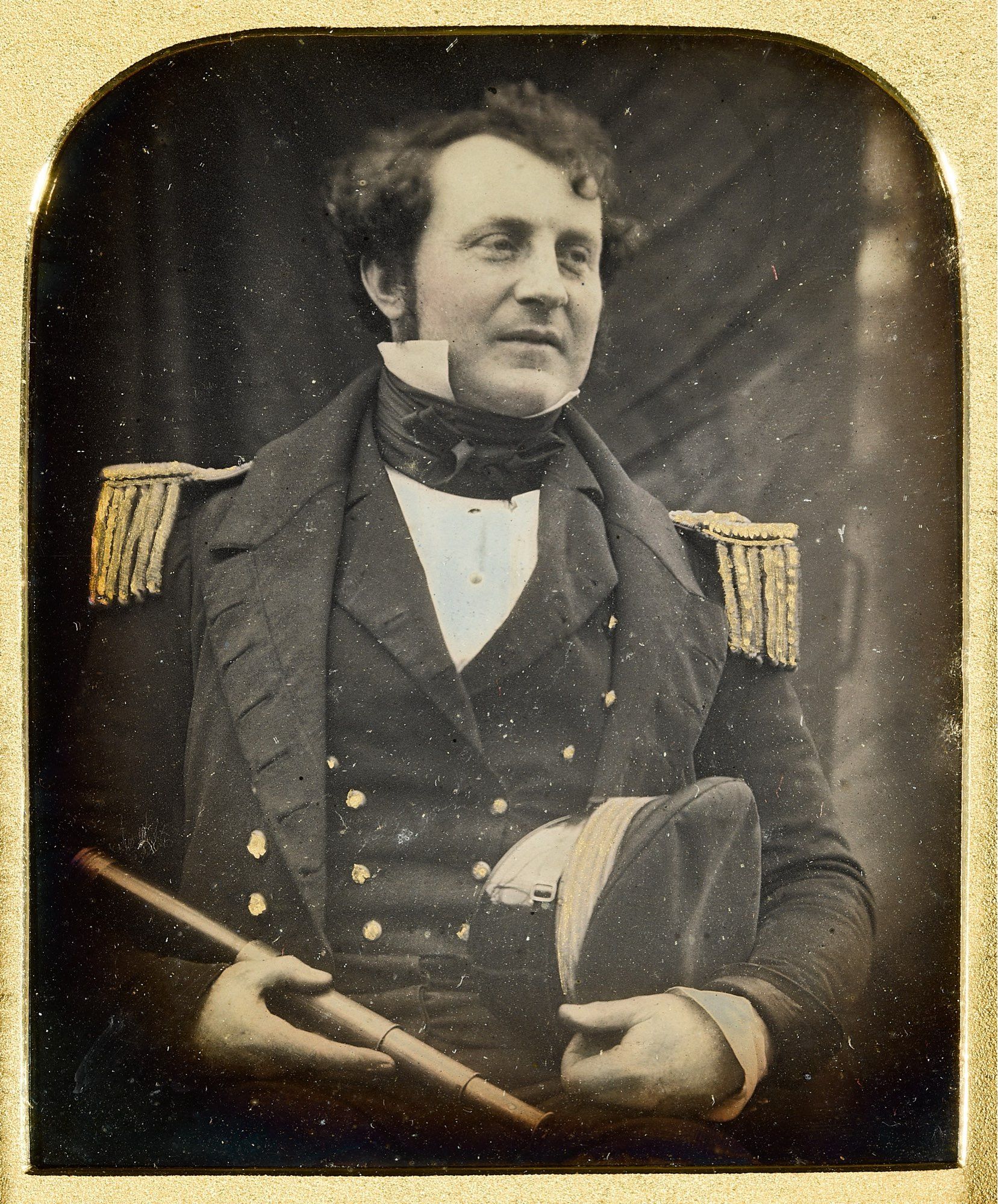 Daguerreotype showing James Fitzjames in his Royal Navy uniform and holding his cap and a telescope shortly before the Franklin Expedition’s departure in 1845