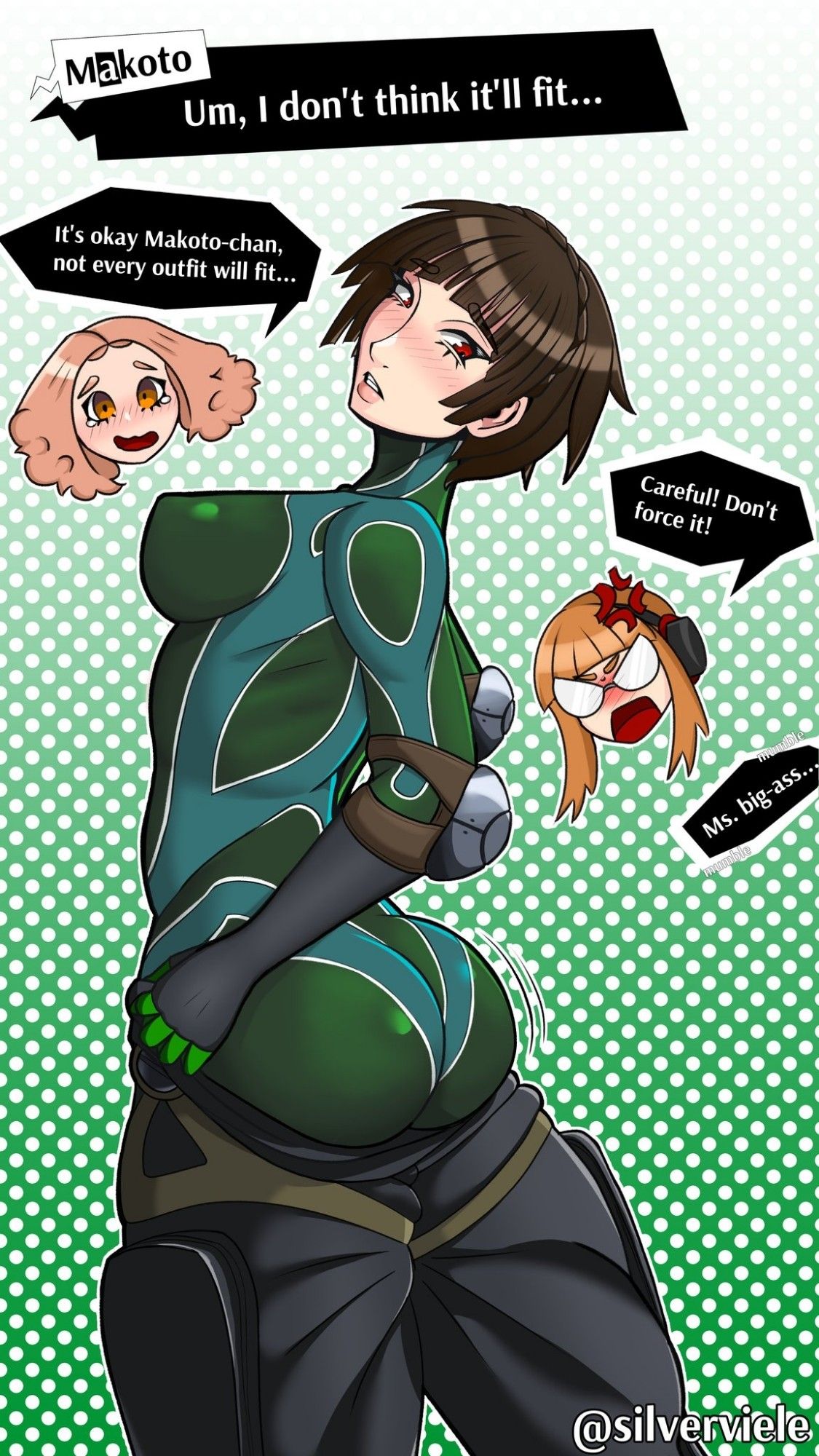 Makoto niijima of Persona 5 is standing with her backside to the camera, attempting to pull pants up past her butt. She's in Oracle's thief attire, and having ongoing issues with making her features fit! Chibis of Futaba and Haru are present remarking, "Careful! Don't force it!" And "It's okay Makoto-chan, not every outfit will fit" respectively. Makoto remarks "Um, I don't think it'll fit..." Her butt jiggles as she pulls up on the pants, Futaba, frustrated, mumbles "Ms. Big-ass".