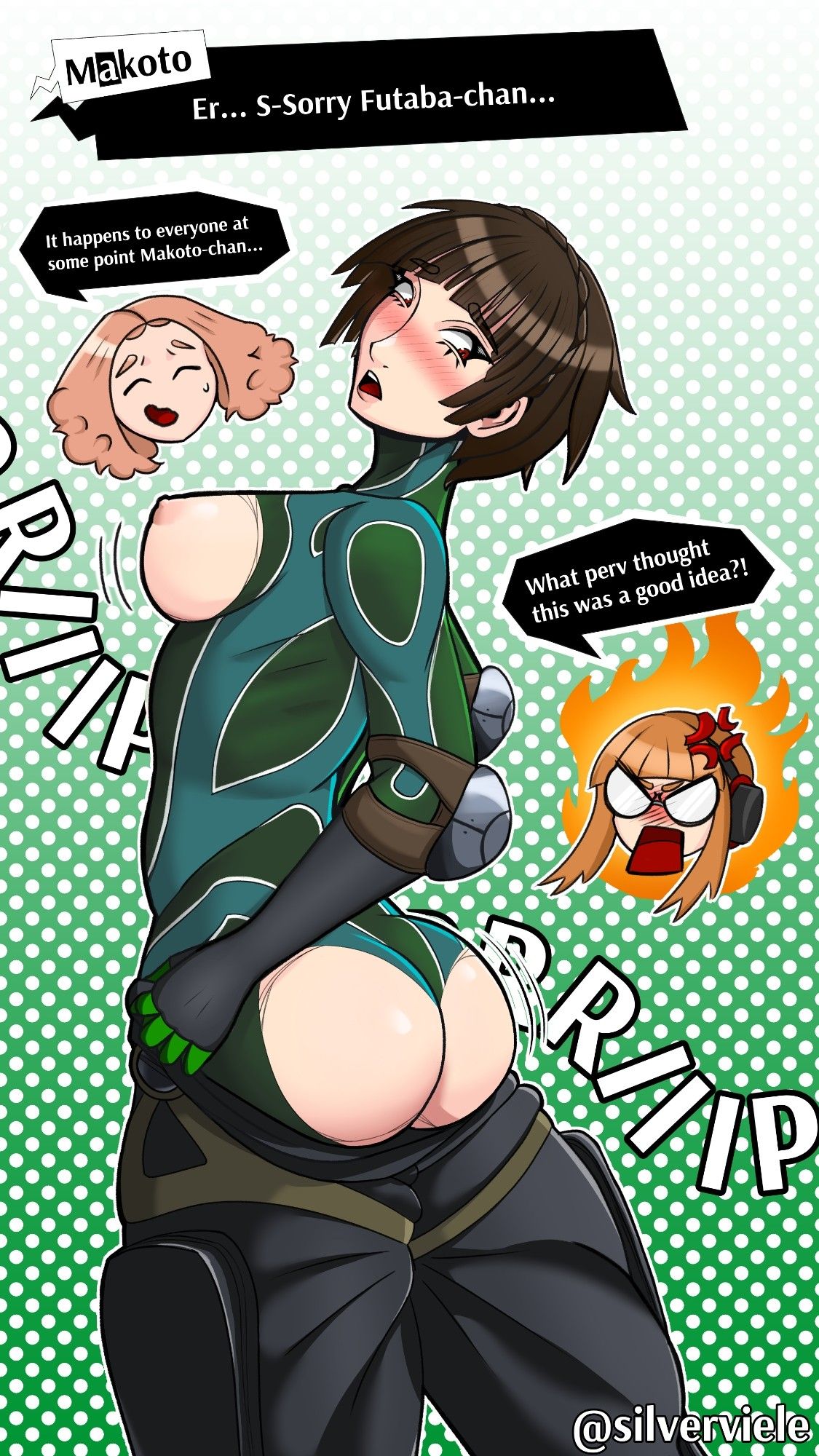 Makoto niijima of Persona 5 is standing with her backside to the camera, attempting to pull pants up past her butt. She's in Oracle's thief attire, and after trying to fit, the skin tight suit around her butt and breasts has ripped away to reveal her features! Chibis of Futaba and Haru are present with Haru remarking, "It happens to everyone at some point Makoto-chan…" respectively. Makoto remarks "E… Sorry Futaba-chan..." Her butt and breasts jiggle as she pulls up on the pants, Futaba, furious, yells "What perv thought this was a good idea?!”.